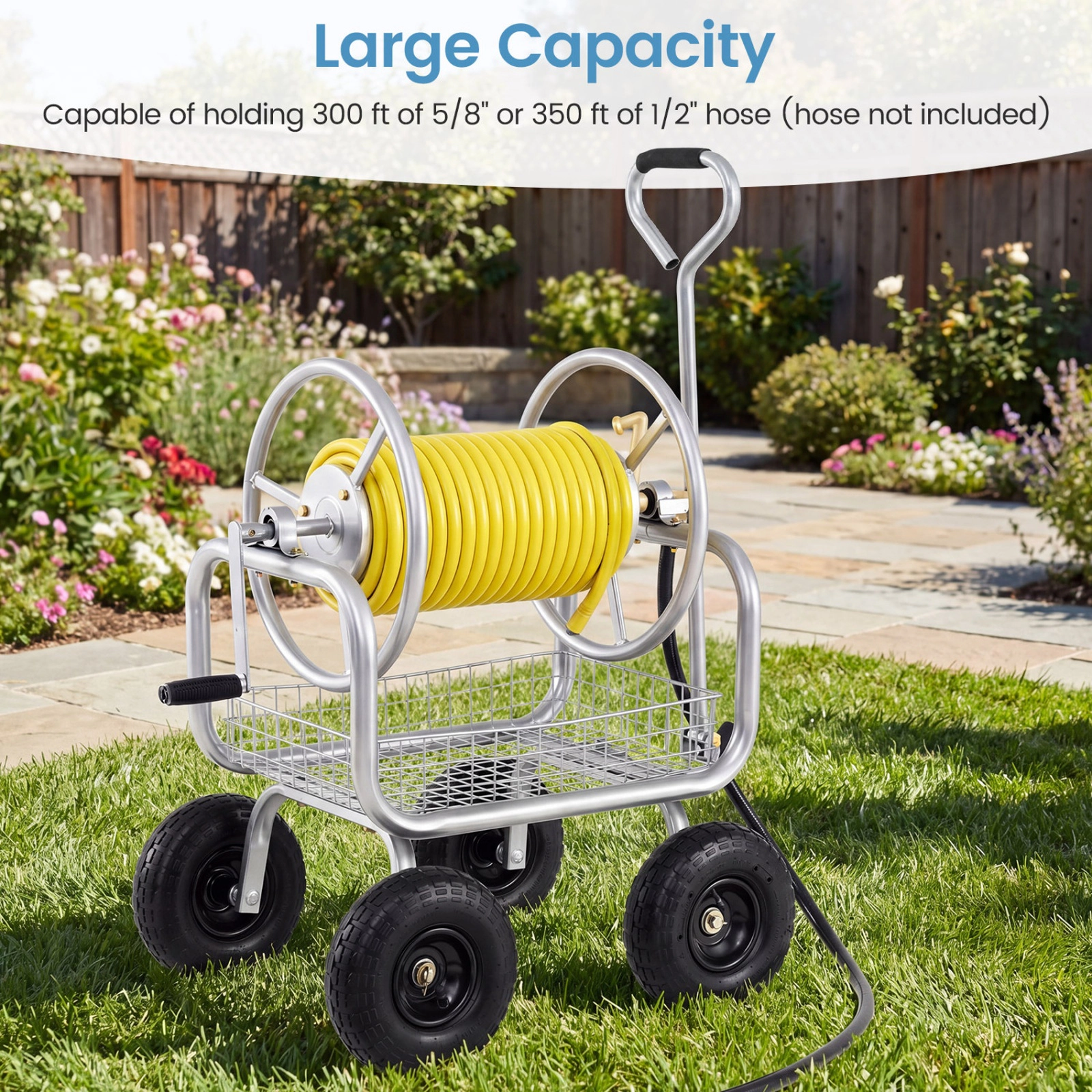 SUGIFT Green Garden Hose Reel Cart with Air-Filled Tires and Storage Basket 25-in W 21.5-in D 43-in H