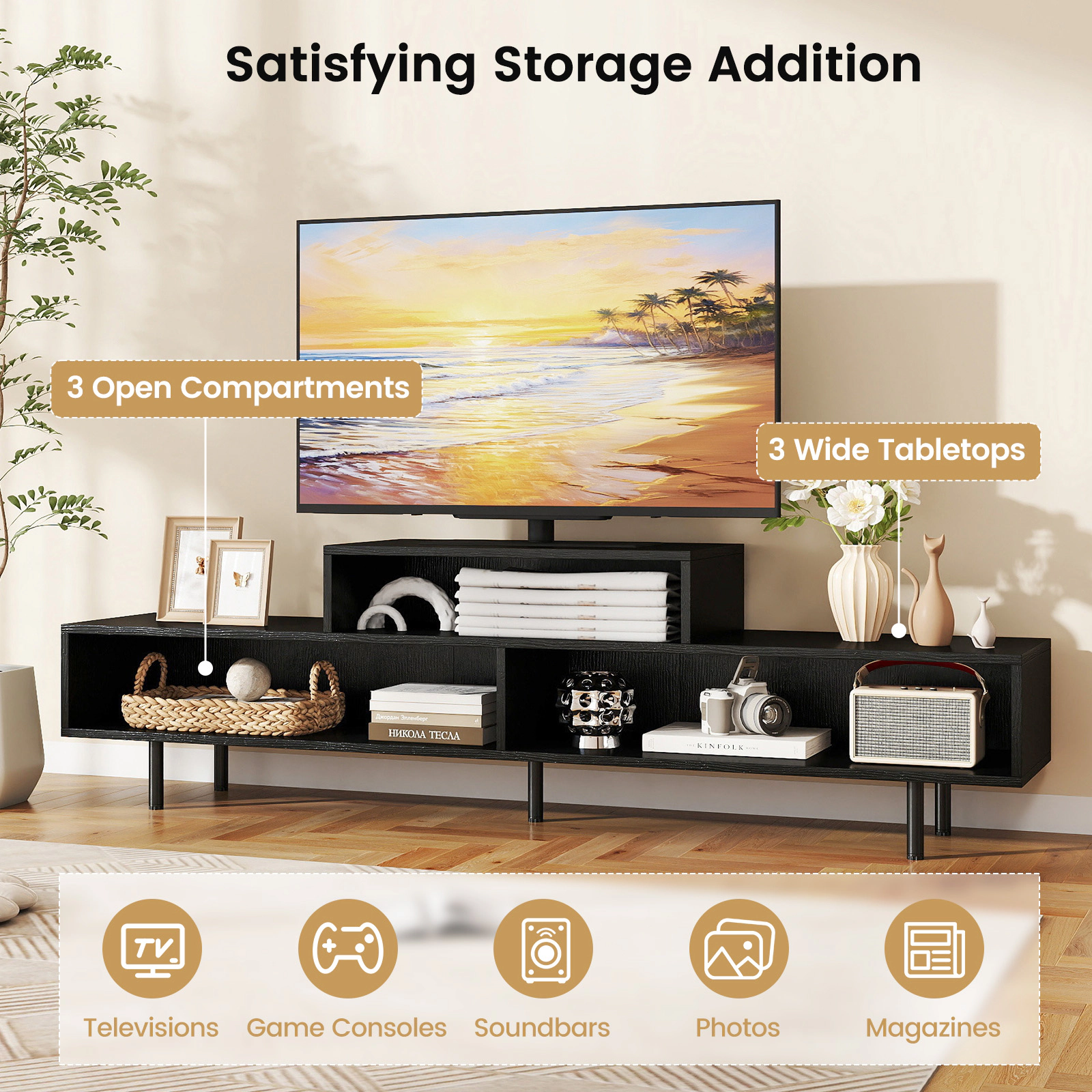 Glintex 63-Inch 3-Cubby TV Stand with Raised Metal Legs