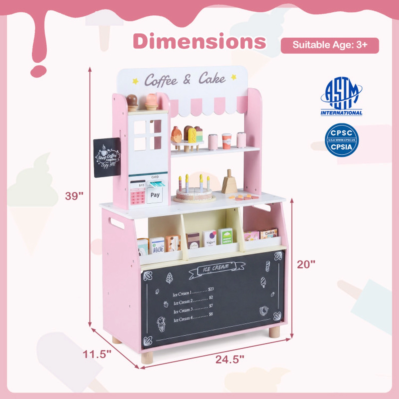 SUGIFT Wooden Kids Ice Cream Shop Playset with 27 Accessories and Ice Cream Machine 24.5-in Wide Ages 3+ Blue/Pink