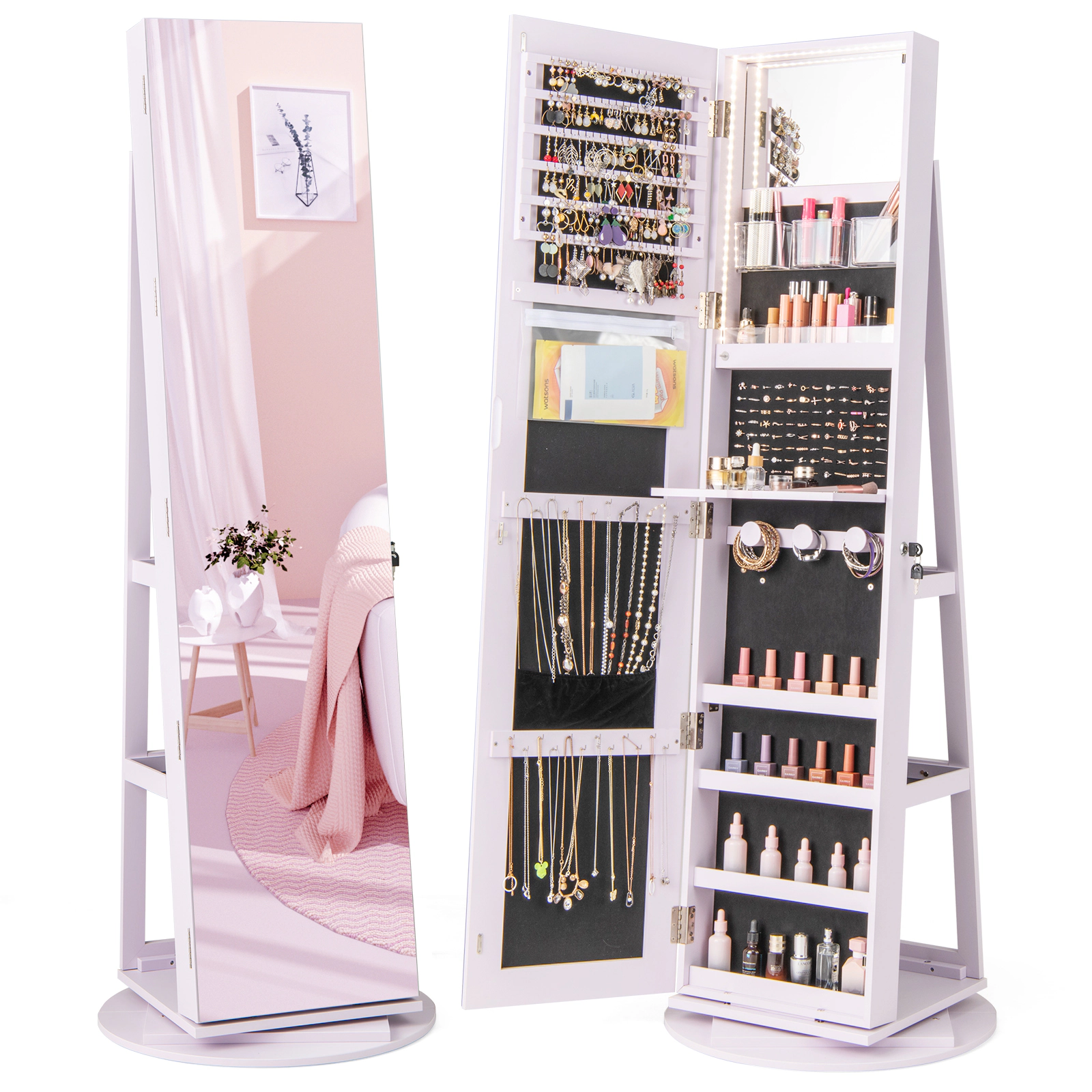 SUGIFT White 360-Degree Rotating Jewelry Armoire Standing Mirror with Folding Makeup Table and LED Modes