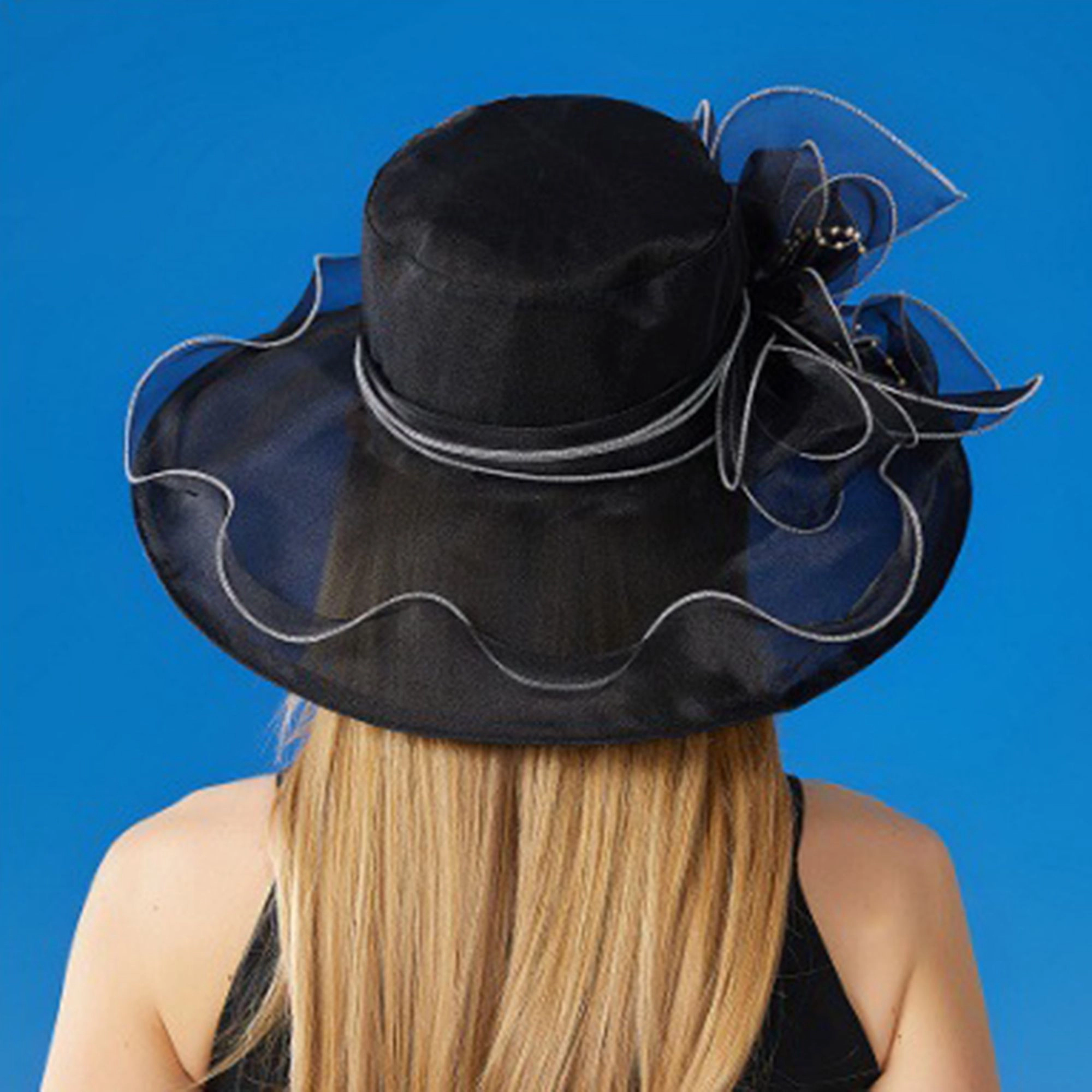 Anna-Kaci Women's Wide Brim Organza Dress Hat with Sheer Ribbon Floral Design for Formal Events and Sun Protection