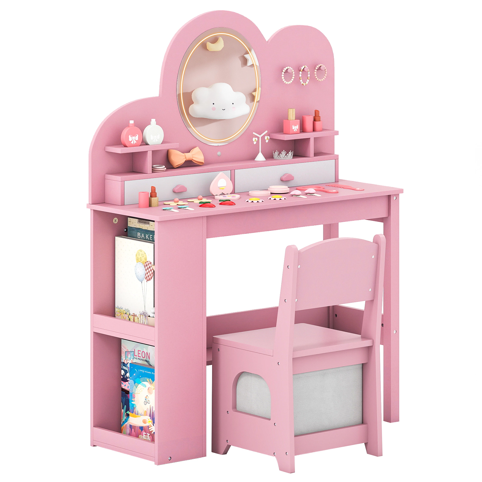 SUGIFT Kids Vanity with Lighted Mirror Princess Vanity Table and Chair Set 45-lb Tabletop Capacity Ages 3+ Pink/White