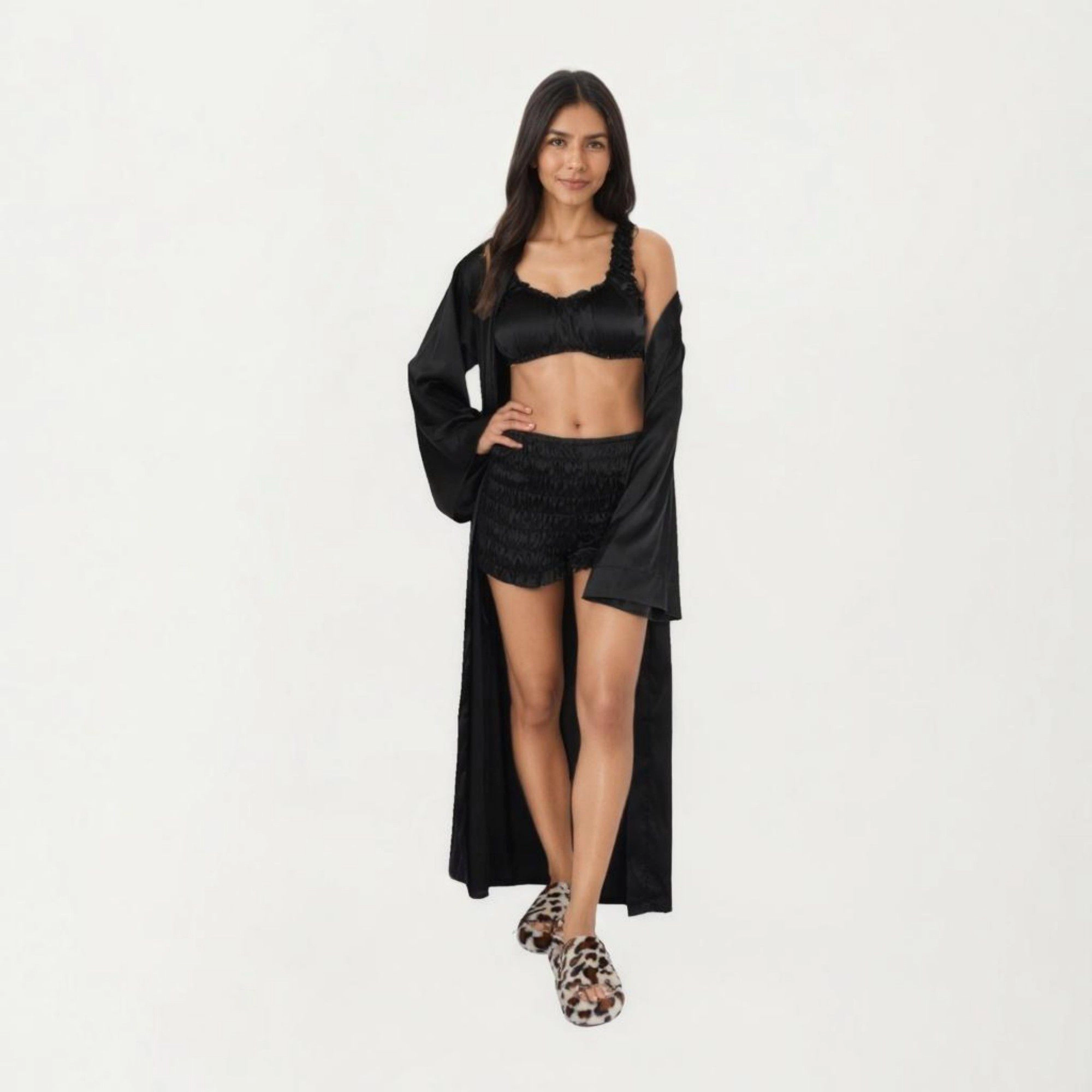 Anna-Kaci Women's 3-Piece Satin Robe with Matching Bralette Top and Elastic Waist Shorts Loungewear Sleepwear Set