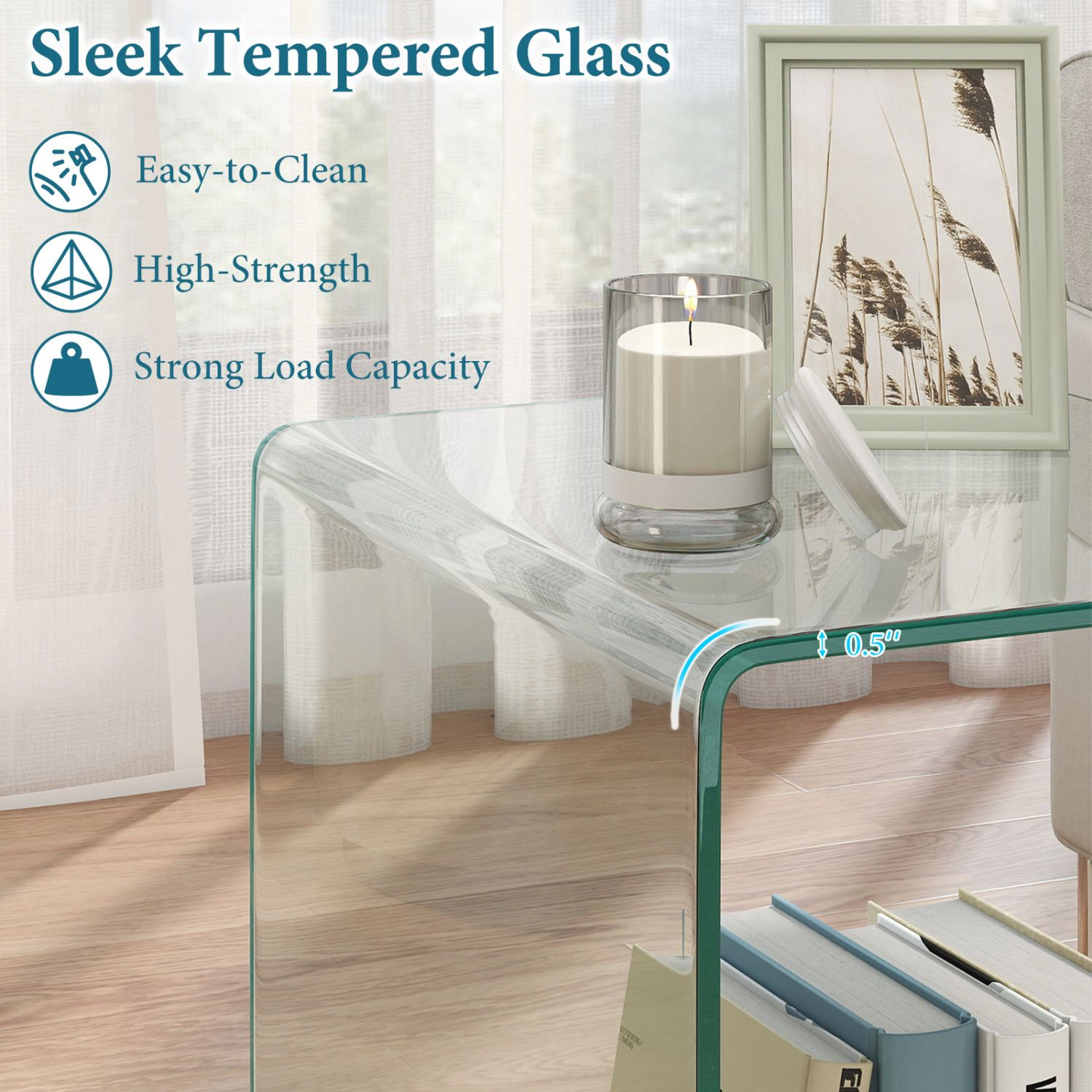 SlickBlue Mobile Side Table with Lockable Wheels, Glass Surface and Open Storage