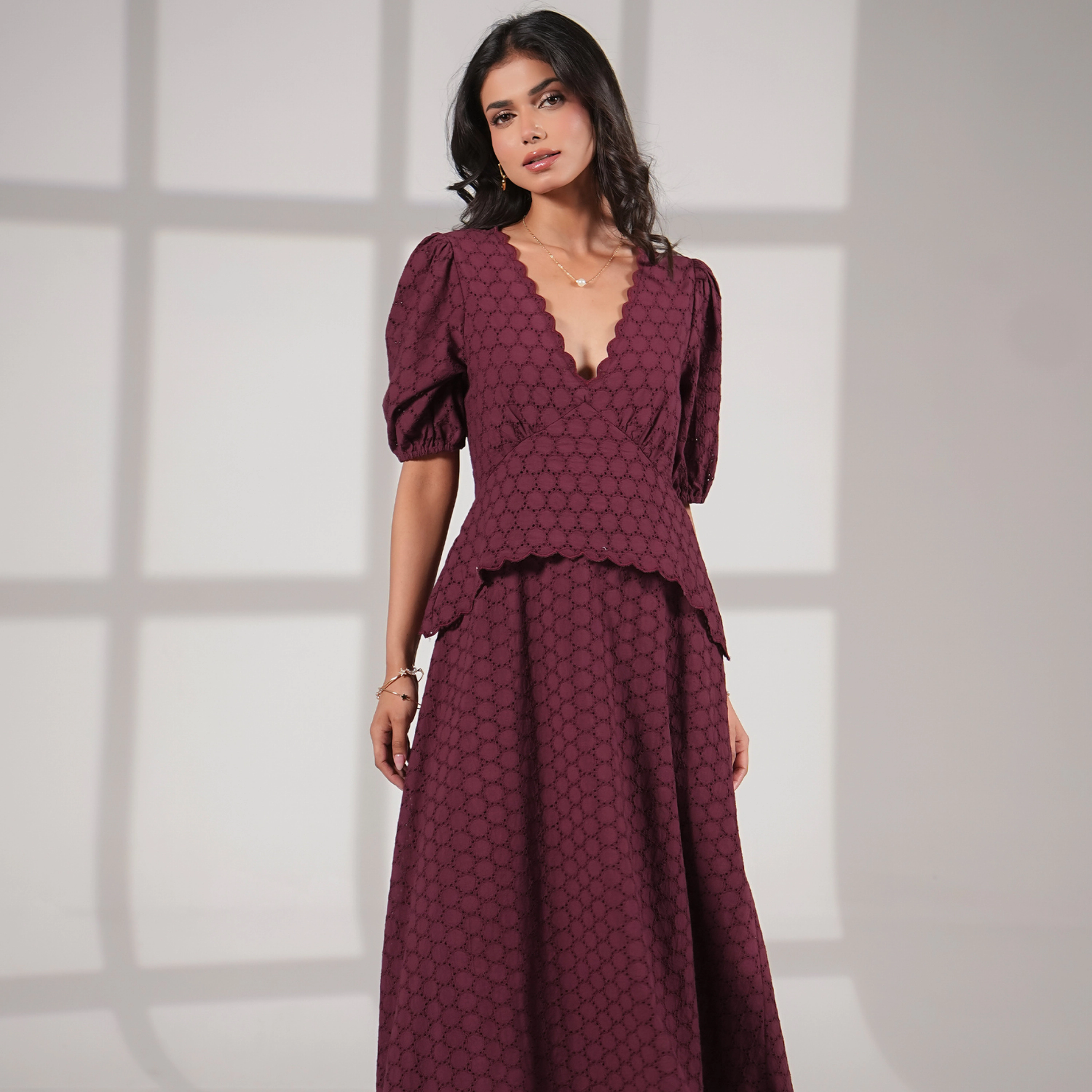 Rose & Nancy Women's Holly Burgundy Embroidered Lace Cotton Midi Dress
