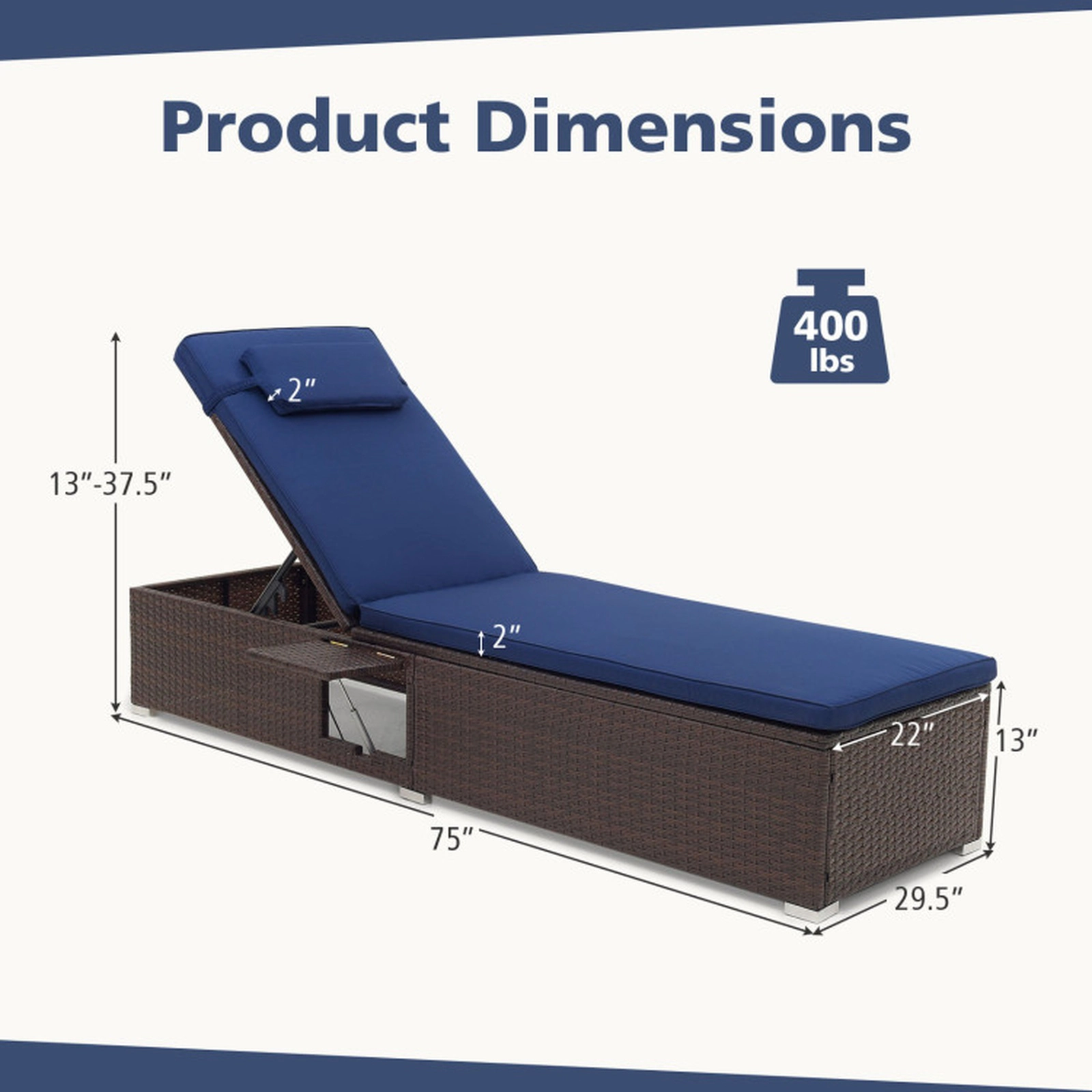 SUGIFT PE Rattan Chaise Lounge with 6-Level Adjustable Backrest 400-lb Capacity 75-in Cushion and Headrest Navy Mix