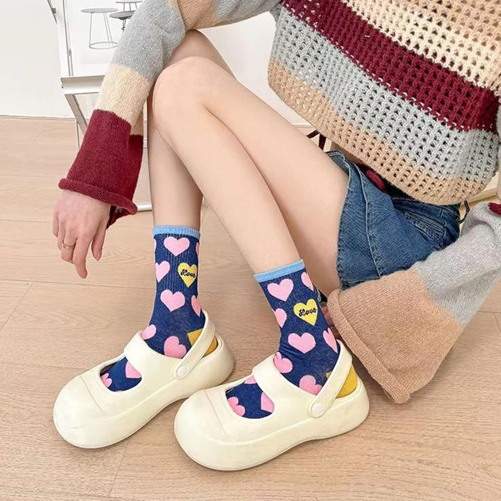 Wardrobe Whimsy 5 Pairs Heart Pattern Socks Novelty Cartoon Crew Mid Calf Socks