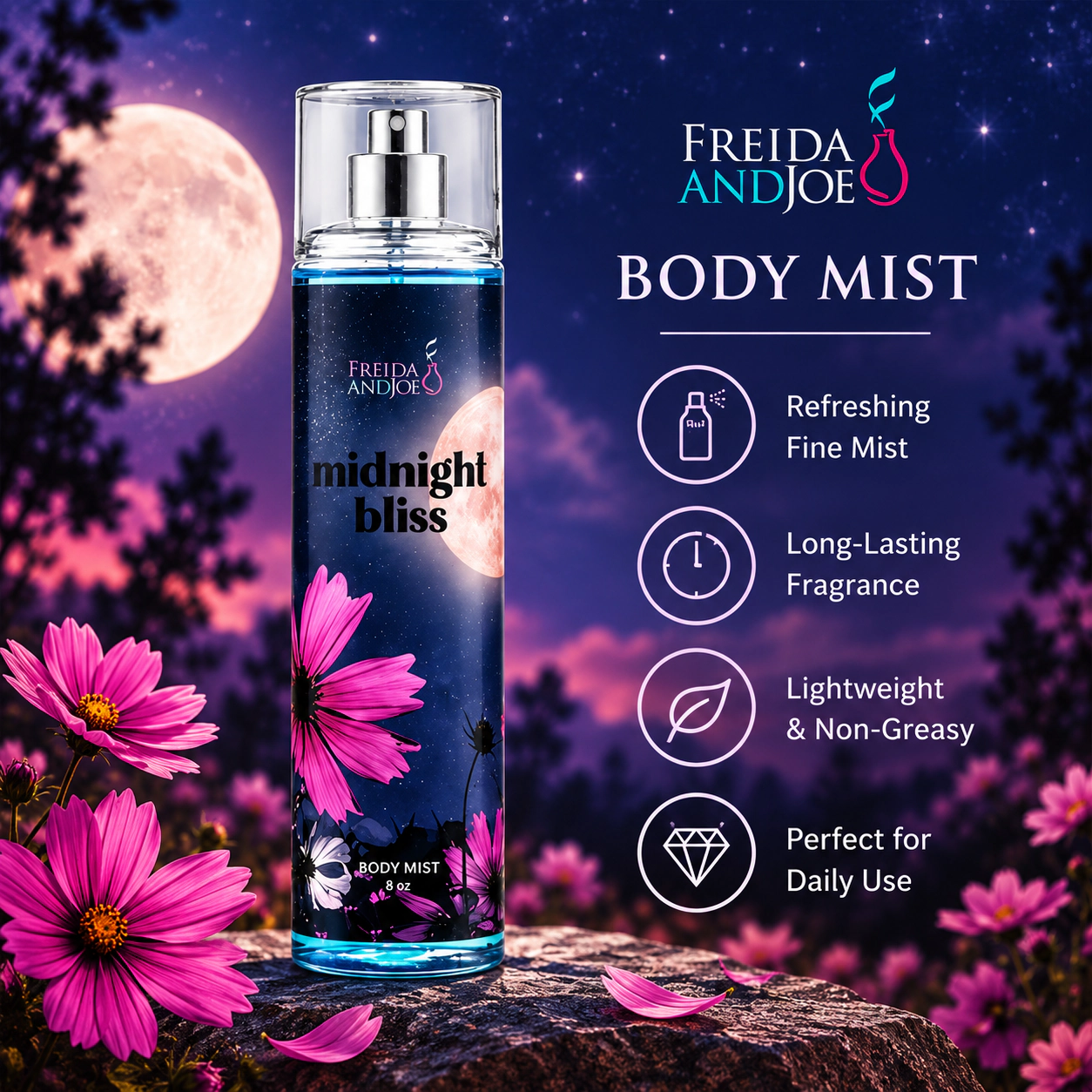 Freida and Joe  Women Midnight Bliss 10oz  Body Lotion 8oz Body Mist Spray Set Valentine's Gift