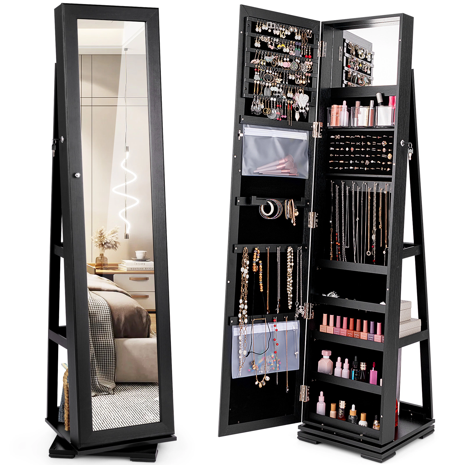 SUGIFT 63.5-in Black 360-Degree Swivel Jewelry Cabinet with Full-Length Mirror 100 Earring Slots and Hooks
