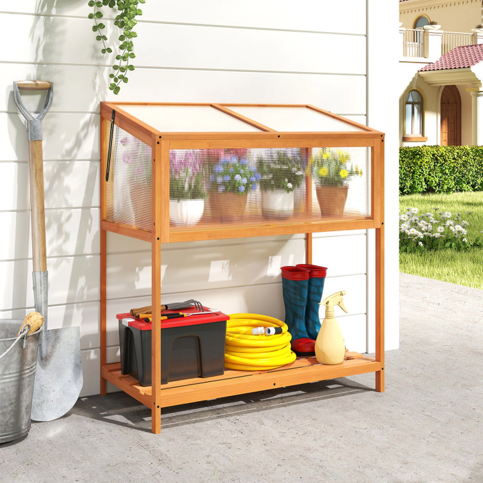 SUGIFT Orange Fir Wood Cold Frame Greenhouse with Openable Roof and Slatted Shelf 35.5-in W 20-in D 42-in H