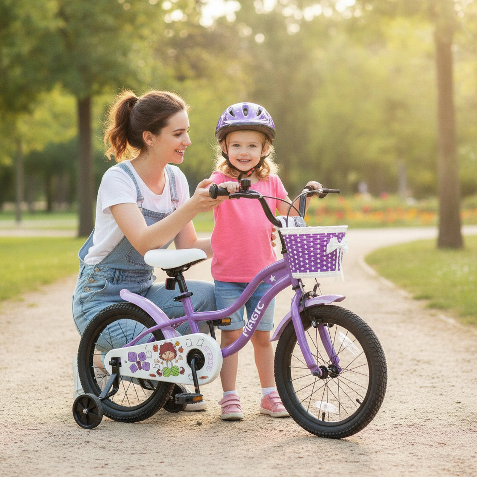 16-in Kids Bike Removable Training Wheels and Front Basket Ages 4-7 with Adjustable Saddle and Pneumatic Tires Purple