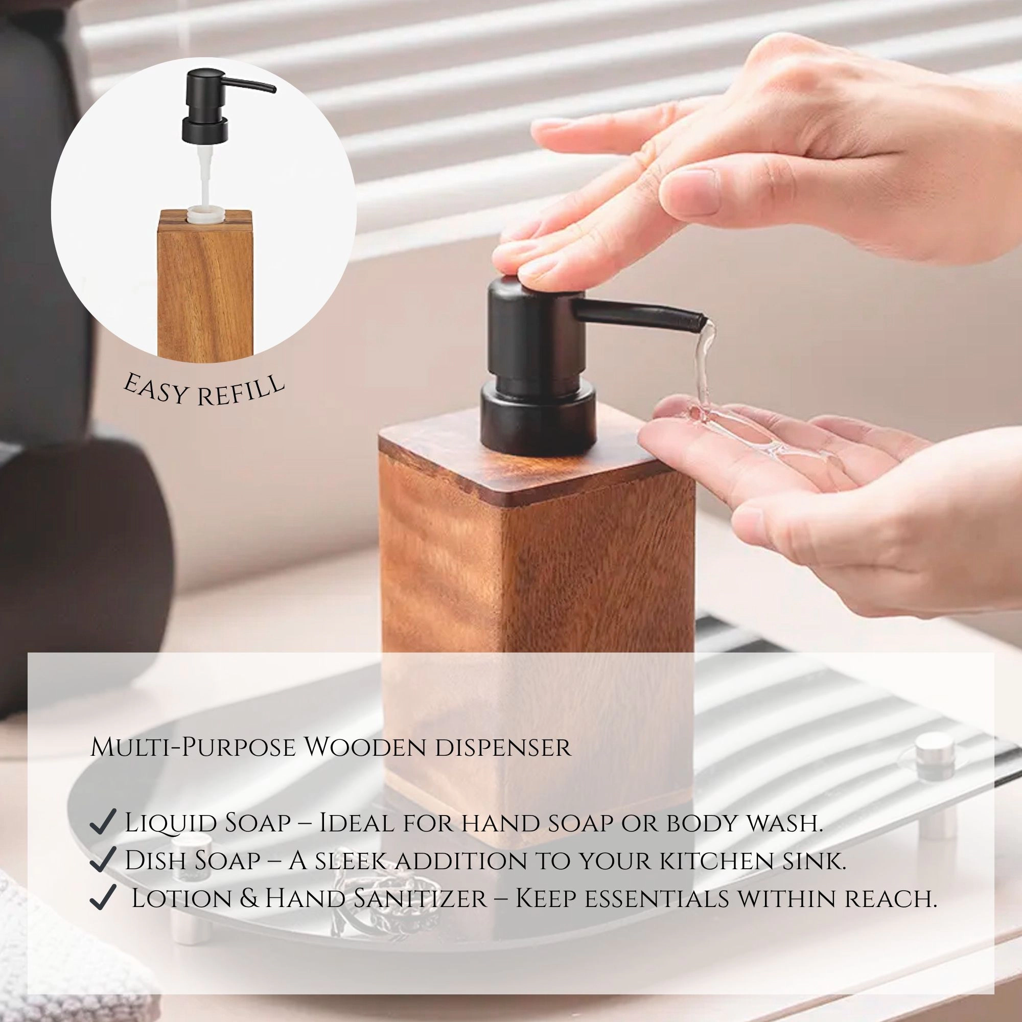 Evideco French Home Goods Acacia Wood 10 oz Refillable Soap Dispenser