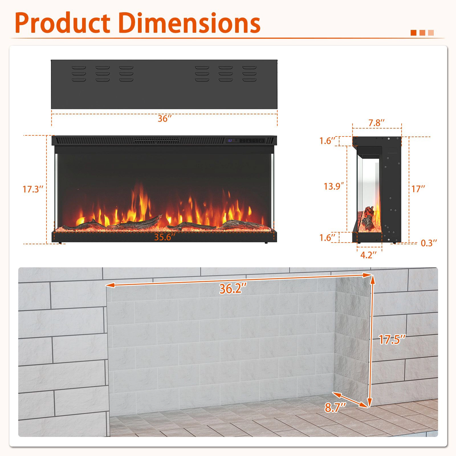 SlickBlue 36 Inch Electric Fireplace Insert with Remote Control and 12 Flame Colors