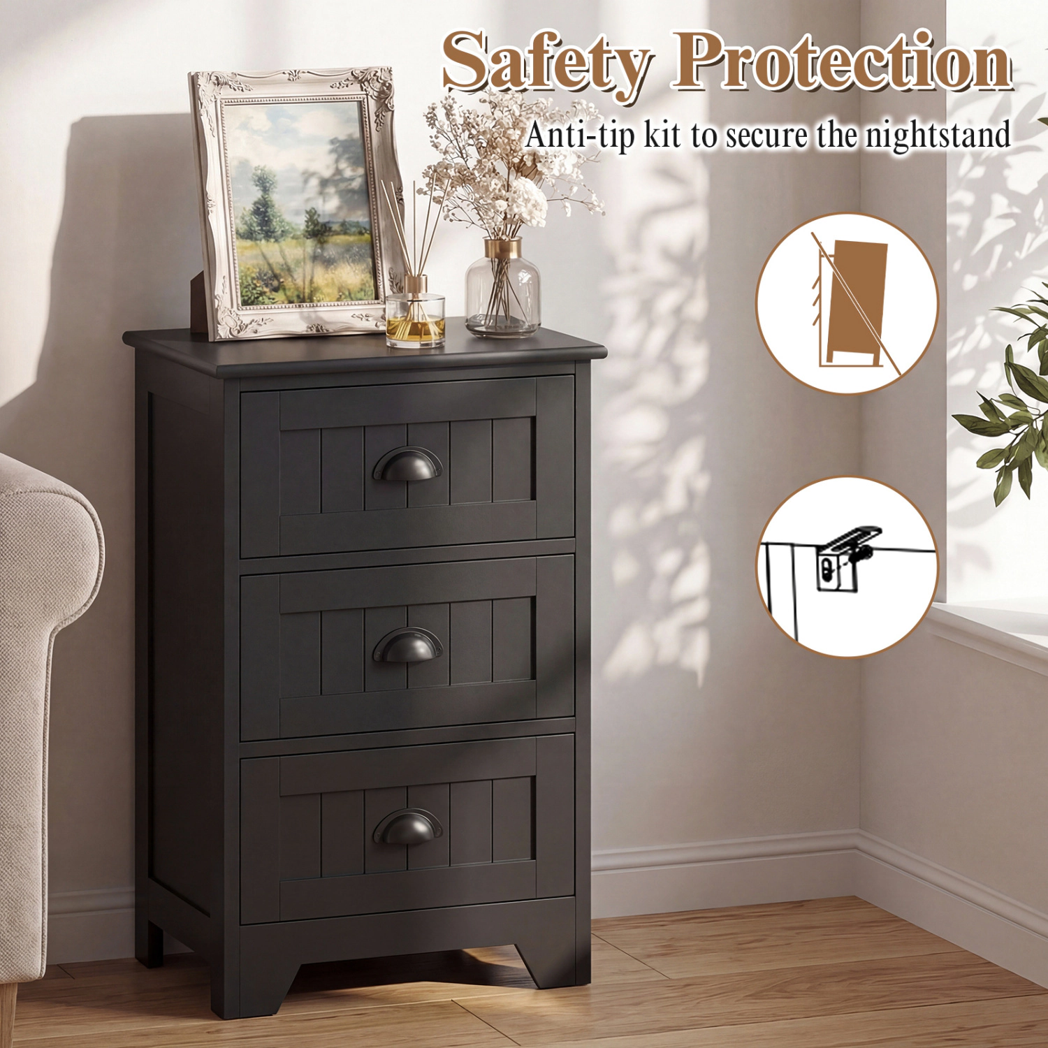 Hivvago Contemporary Wood Nightstand with 3 Smooth-Glide Drawers
