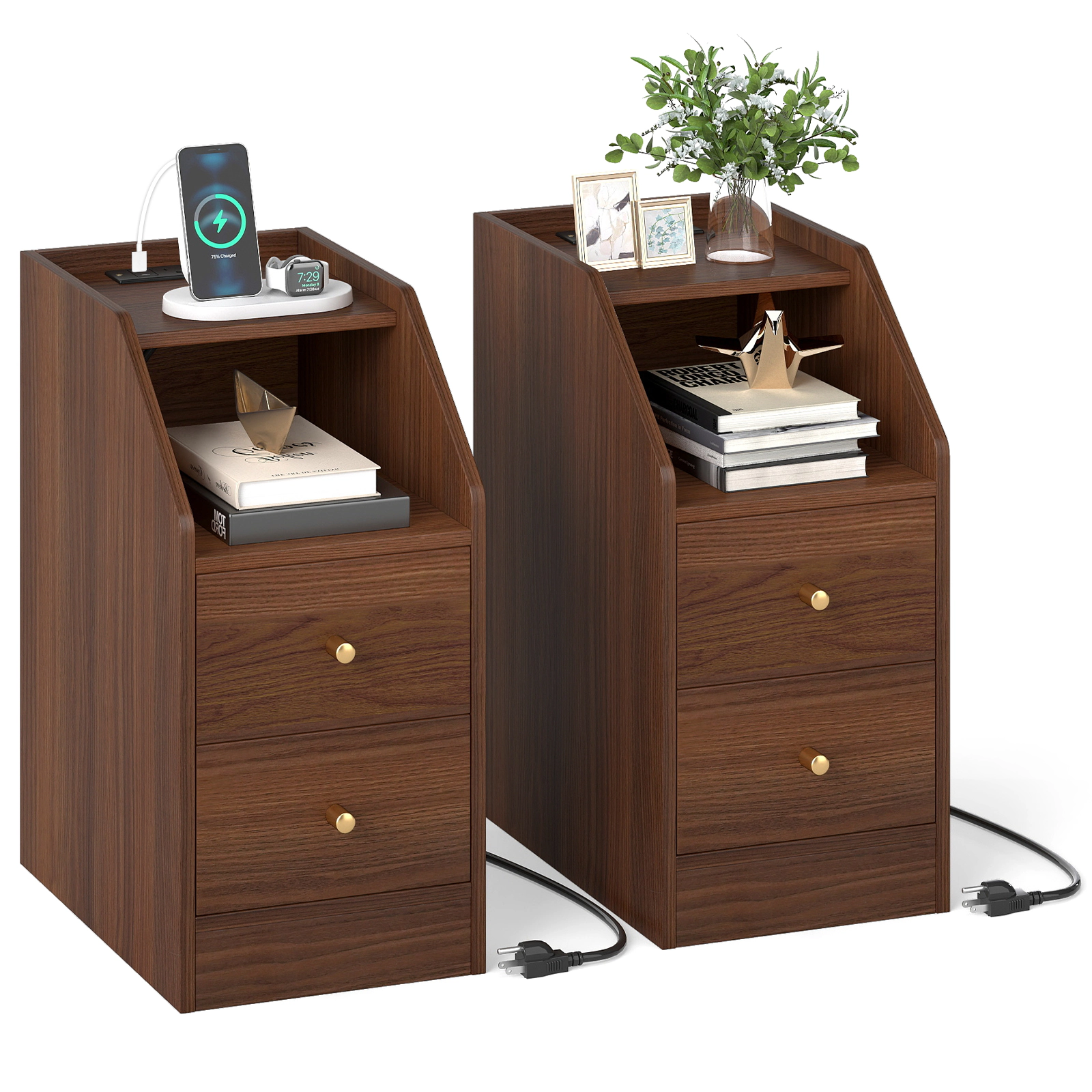 LJG Set of 2 Side End Tables with Charging Station Sofa Couch Tables with Shelf Drawers