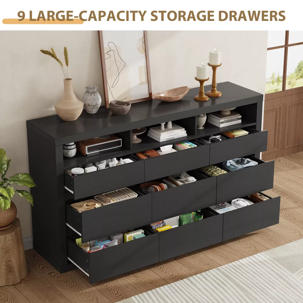 9 Drawer Modern Wooden Dresser with 3 Open Shelves, Handleless Storage Chest for Bedroom Living Room