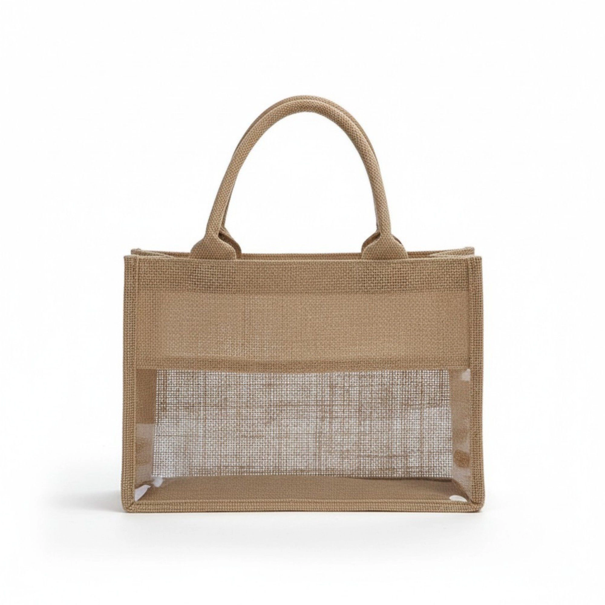 Alilang Women's Linen Blend Tote Bag with Structured Shape Clear Window Panel and Double Top Handles 4.3x11.8x8.3in