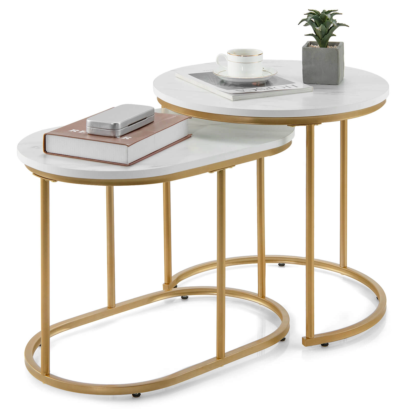 SUGIFT Modern Nesting Coffee Table Set of 2 with MDF Tops Accent Tables 22-lb and 44-lb Capacity Marble and Golden