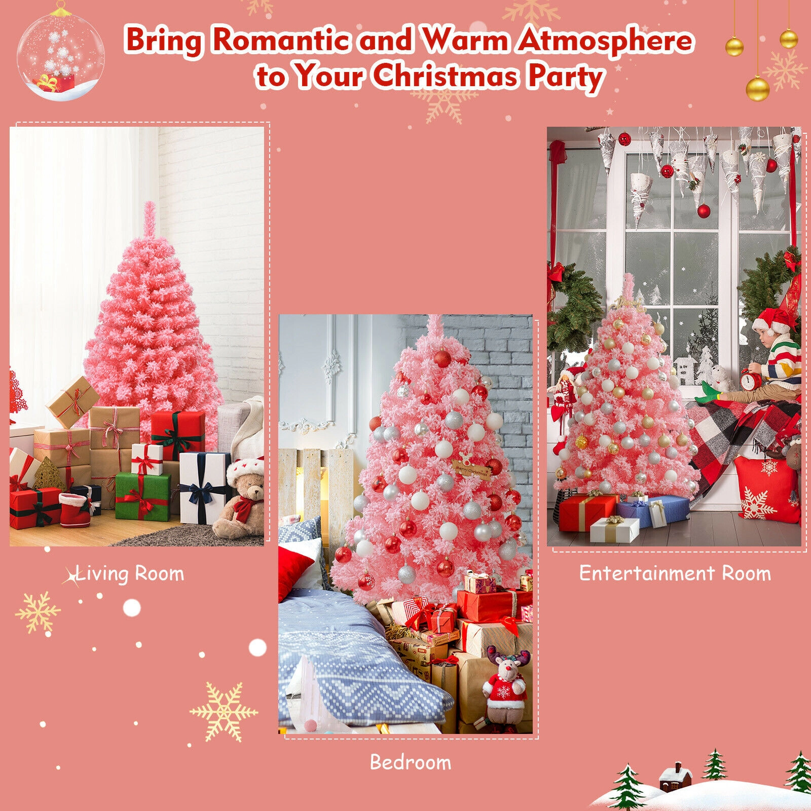 Glintex 4.5-Ft Pink Snow Flocked Christmas Tree with 348 Tips and Metal Stand, Pink