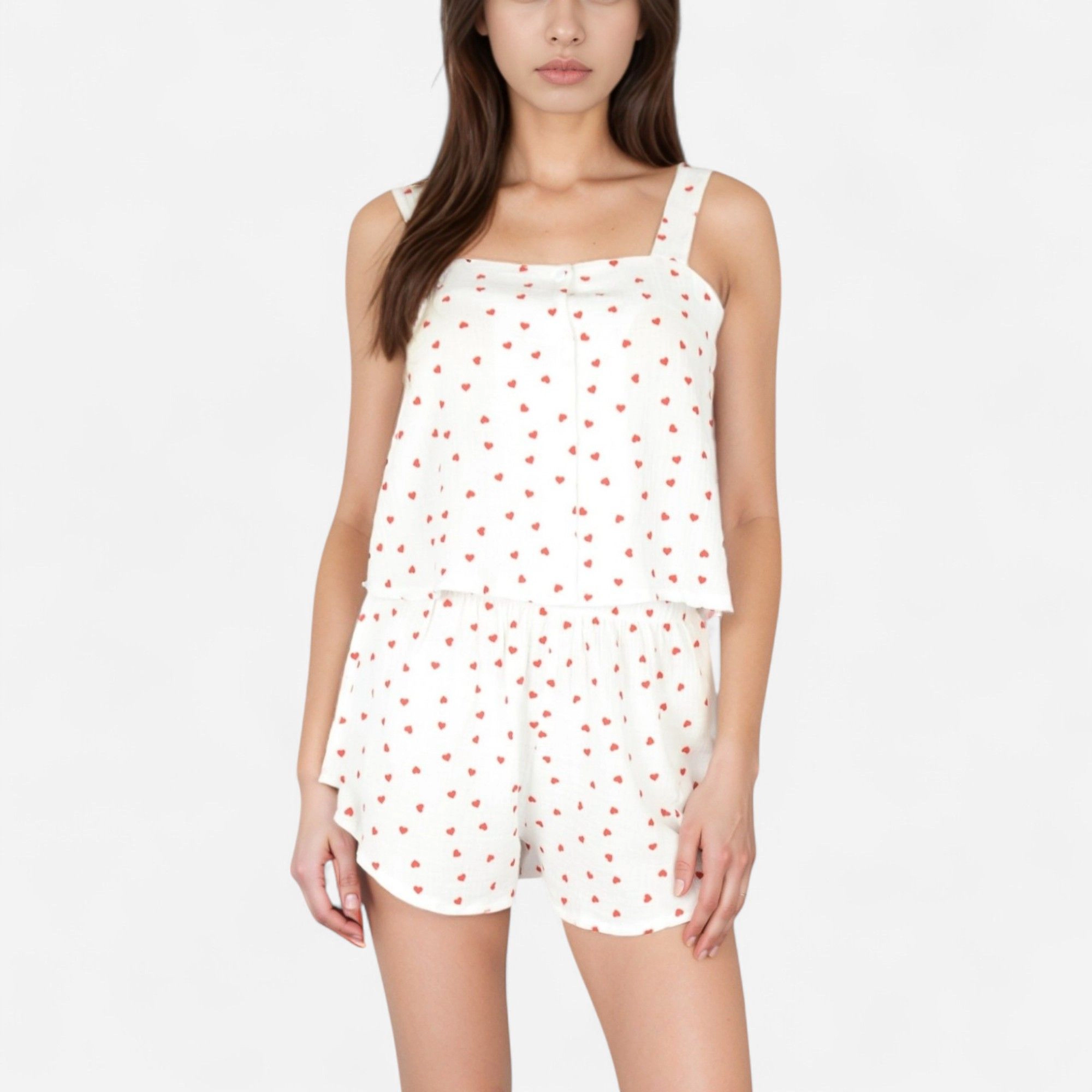 Anna-Kaci Women's Valentine Heart Print Pajama Set with Wide Strap Tank Top and Elastic Waist Shorts
