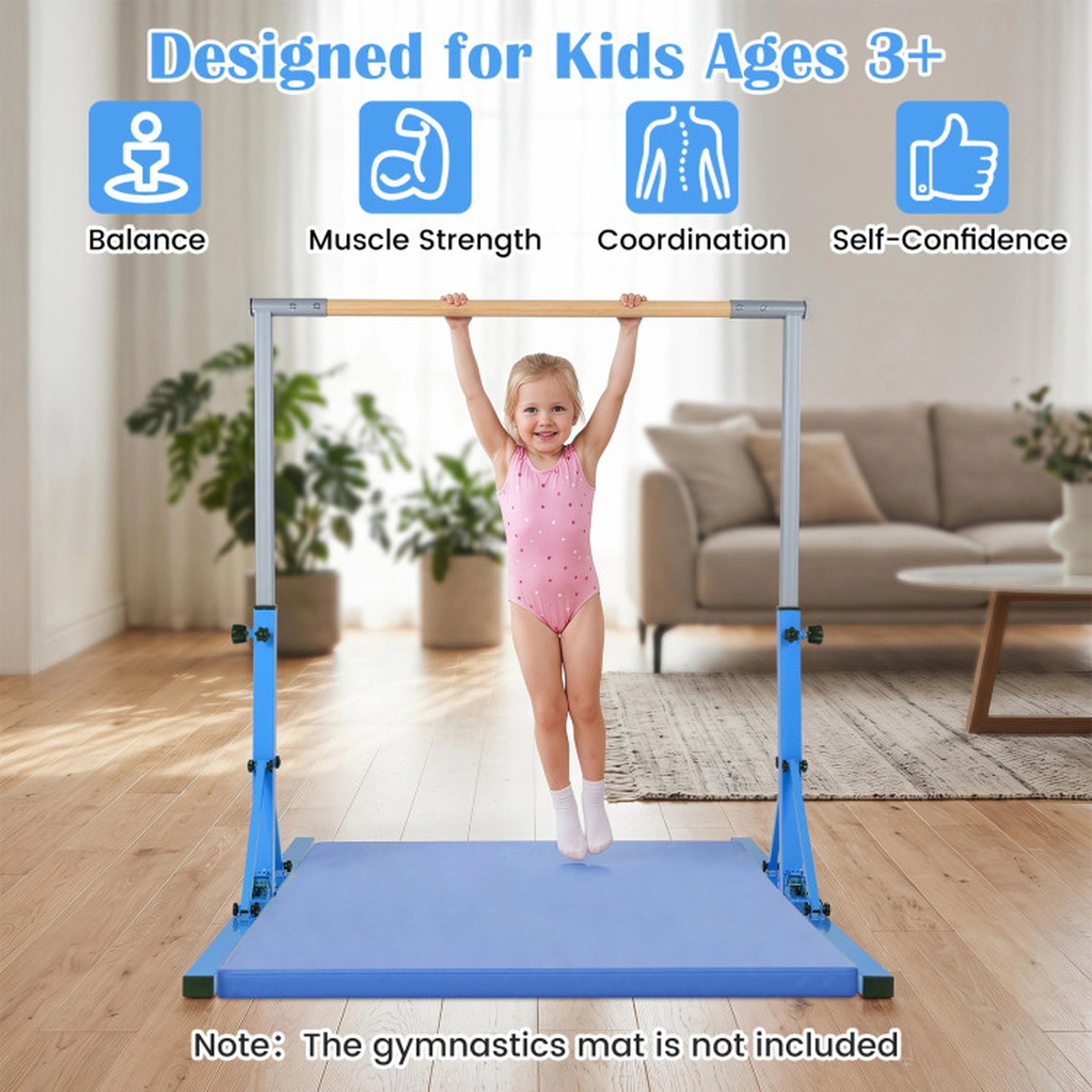SUGIFT 265-lb Capacity 35.5-in to 59-in Adjustable Foldable Kids Gymnastics Bar with Bamboo Grip and Wheels
