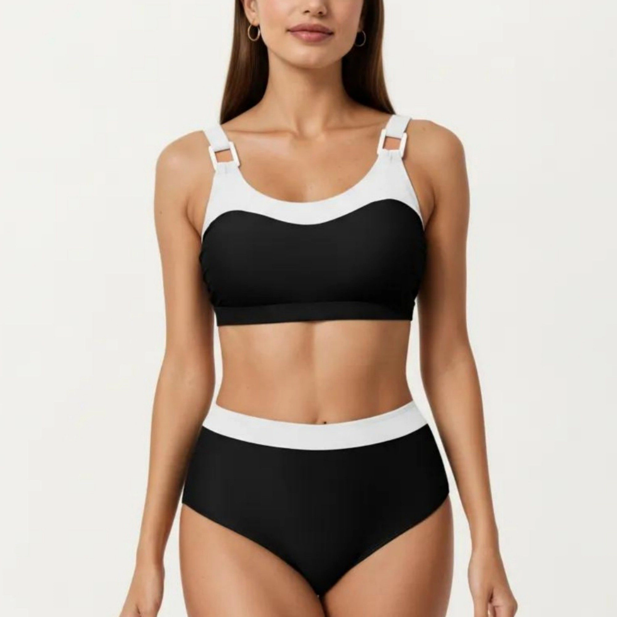 Anna-Kaci Women Color Block 2-Piece Bikini Set - Scoop Neck Top, High-Waist Tummy Control Bottoms