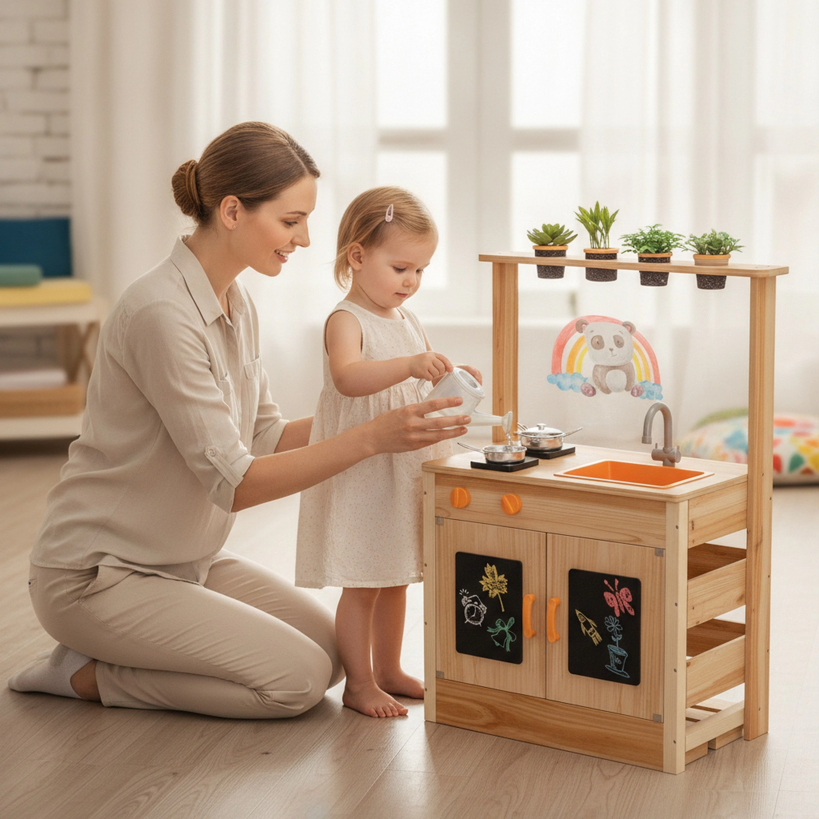 Kids Potting Bench Mud Kitchen 4 Planting Pots Blackboards Chalk 27-in Fir Wood Outdoor Play Kitchen Ages 3+ Natural