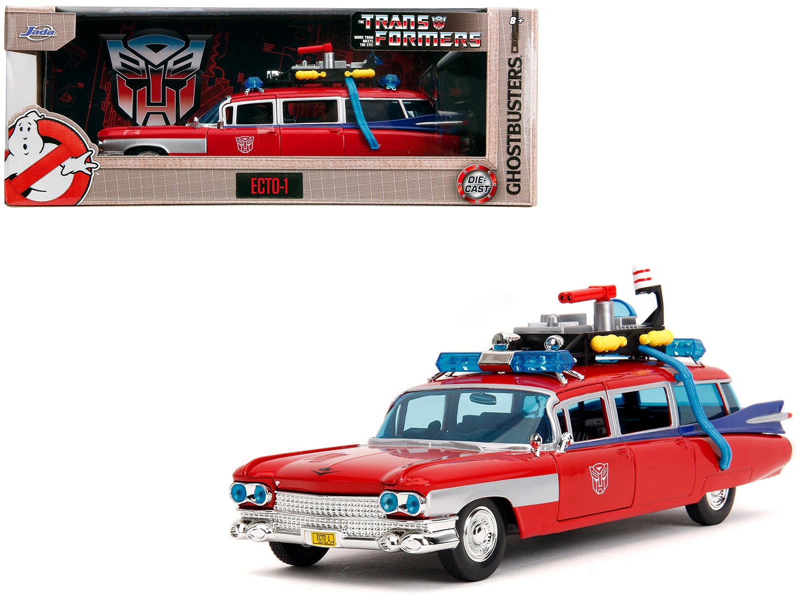 Jada 1959 Cadillac Ambulance Ecto-1 Red "Transformers" TV Series - "Ghostbusters" (1984) Movie Crossover