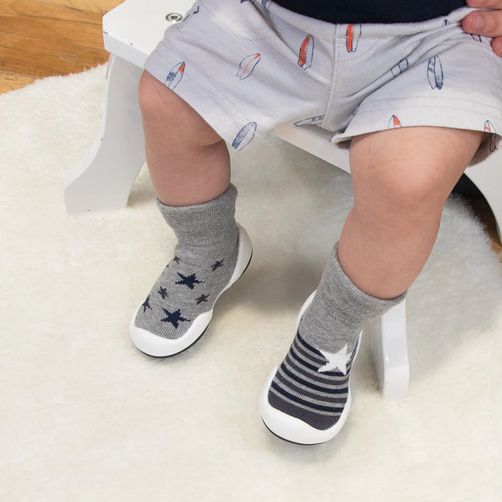 Komuello Toddler Girl Boy First Walk Sock Shoes Stars & Stripes - Grey