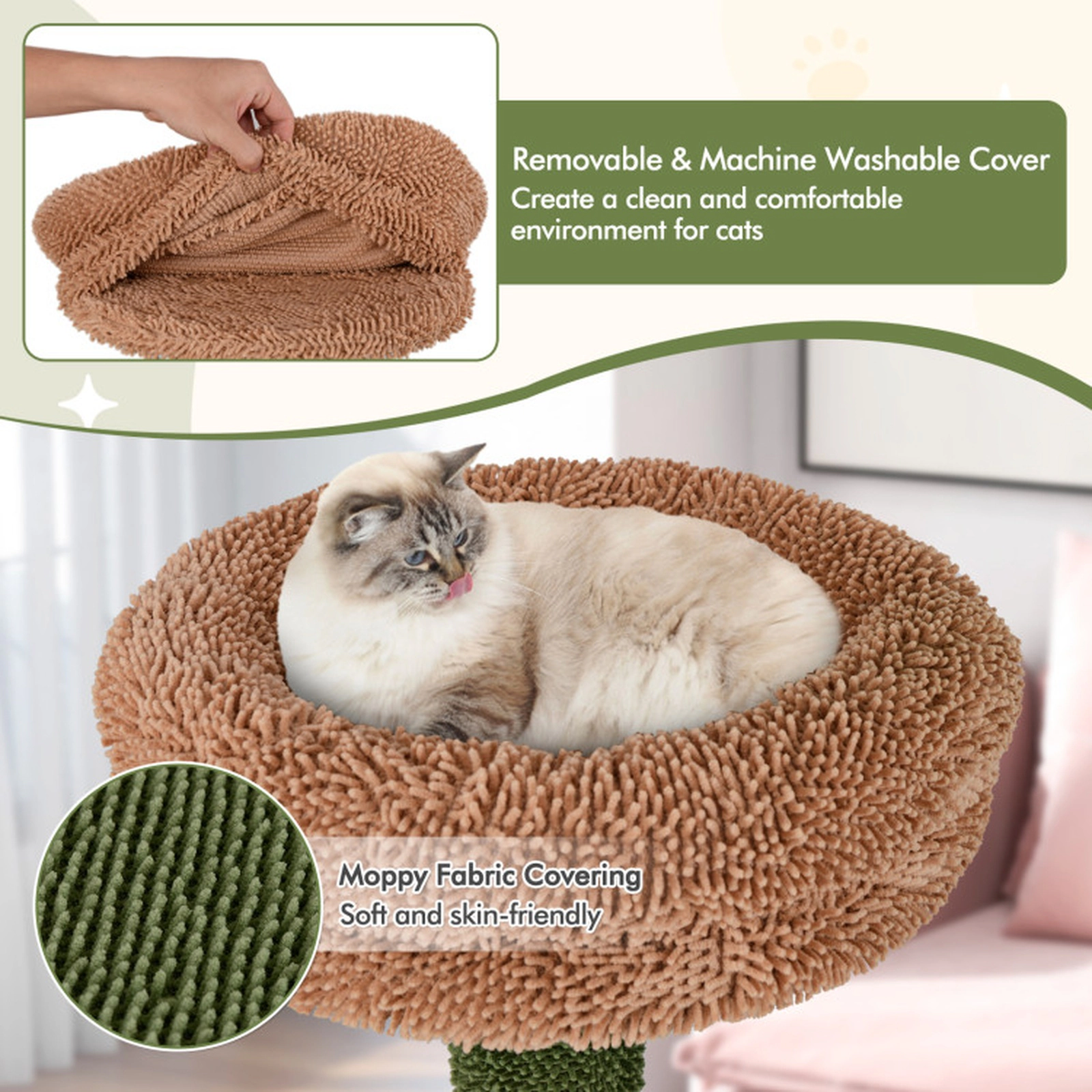 SUGIFT 60-in Green Tree-Inspired Cat Tree Tower with Plush Perch Sisal Posts and Faux Plant 19.5-in Base