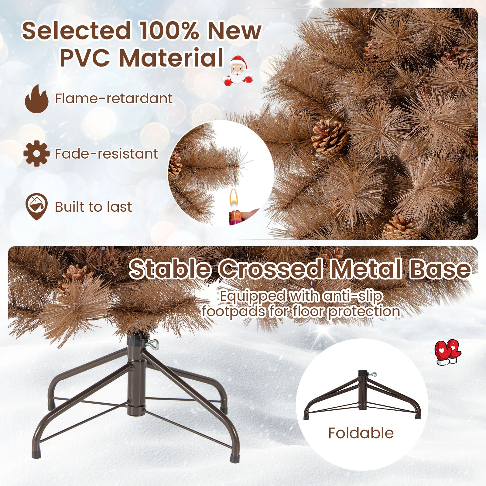 SUGIFT 6-ft Chocolate Brown Pre-Lit Artificial Christmas Tree with 52 Pine Cones and 493 Layered Tips