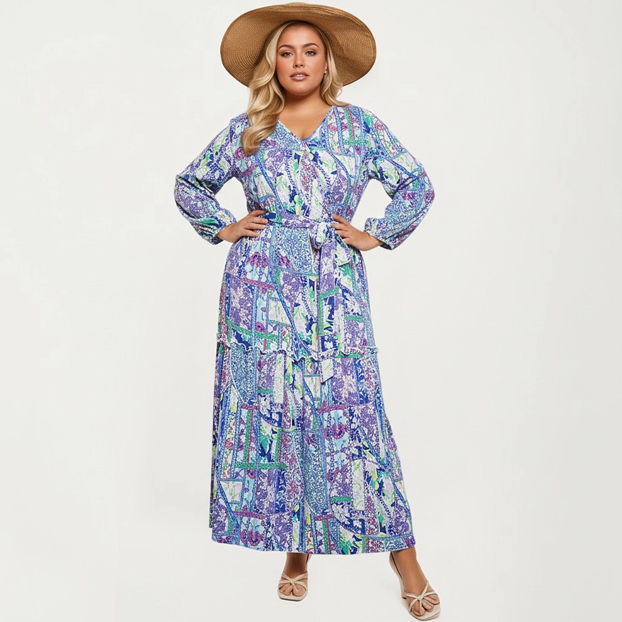 Anna-Kaci Women's Plus Patchwork Print Long Sleeve V Neck Waist Tie Tiered Skirt Maxi Dress