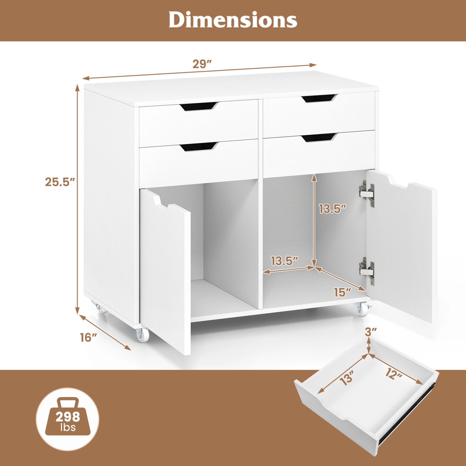 SUGIFT White 29-in 4-Drawer Rolling File Cabinet with 2 Door Cabinets 100-lb Tabletop and 5 Wheels