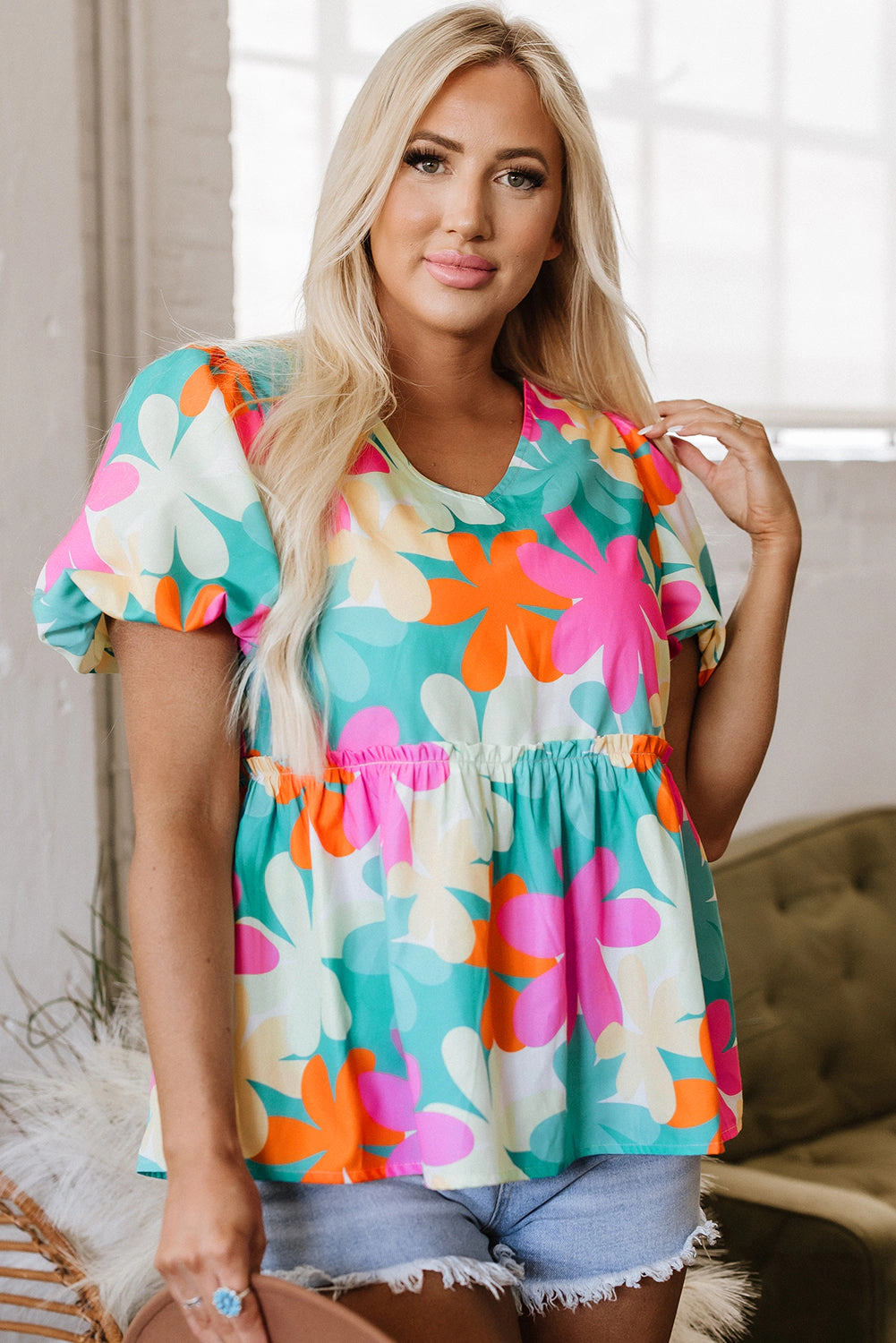 Threaded Pear Women's Kathryn Bubble Sleeve Peplum Blouse