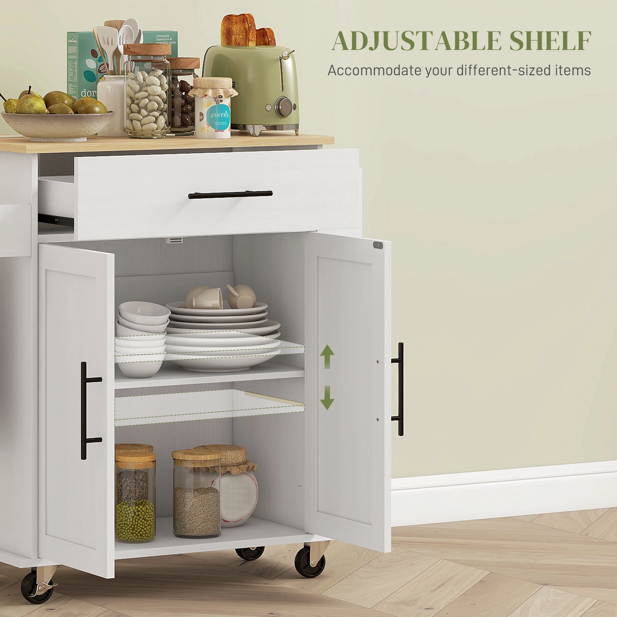 HONGGE White Rolling Kitchen Island Cart on Wheels with Power Outlets, Storage Drawer and Cabinet Doors