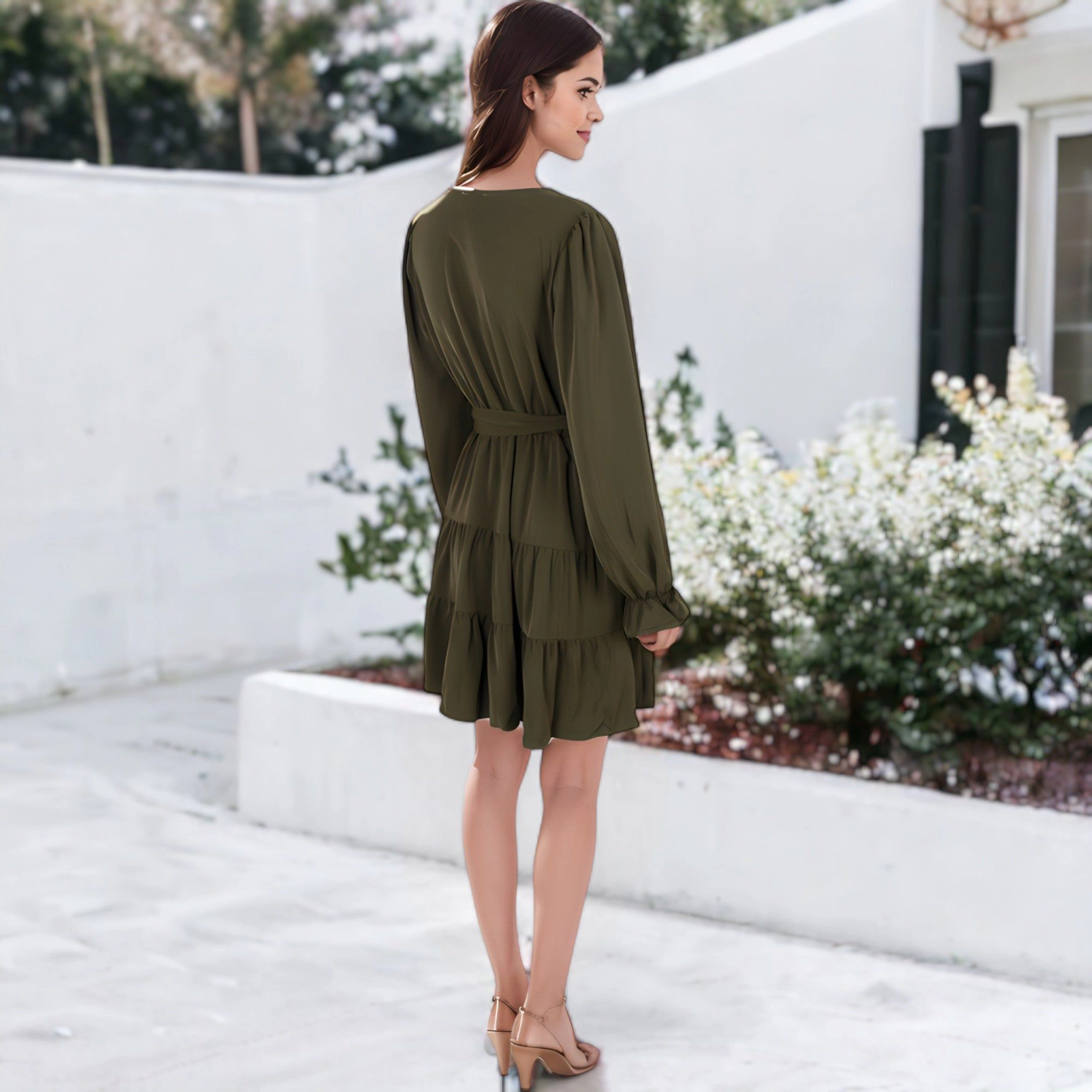 Anna-Kaci Women's Chiffon V-Neck Bell Sleeve Belted Shirt Dress