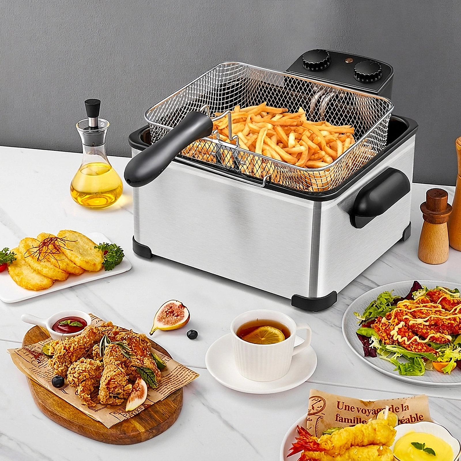 SUGIFT Silver Stainless Steel Electric Deep Fryer with 3 Baskets 1700W 5.3-Qt Oil Tank 21-Cup Food 20-in W 14-in D