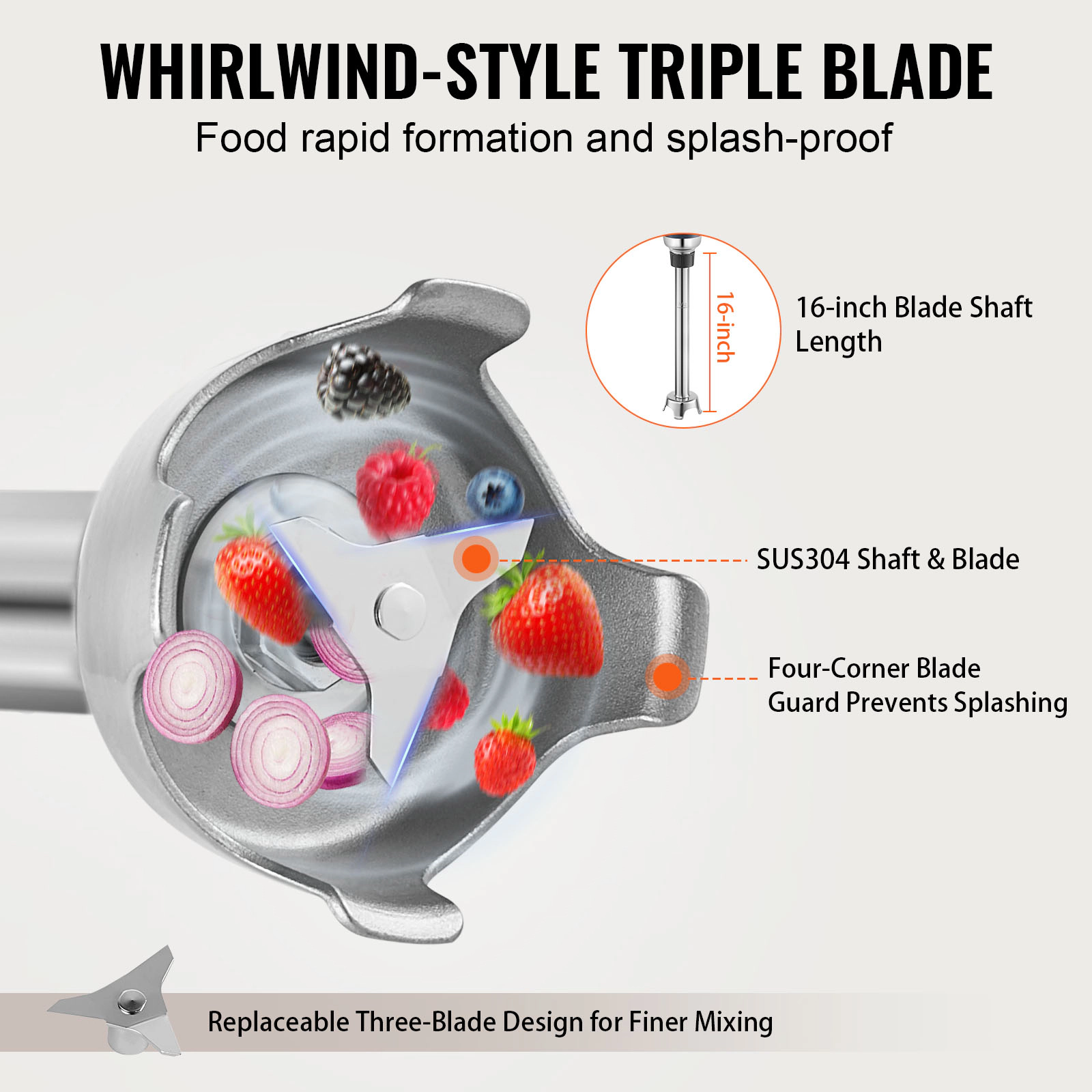HONGGE Commercial Immersion Blender Heavy Duty Hand Mixer 16 inch Stepless Variable Speed Mixer with Stainless Steel