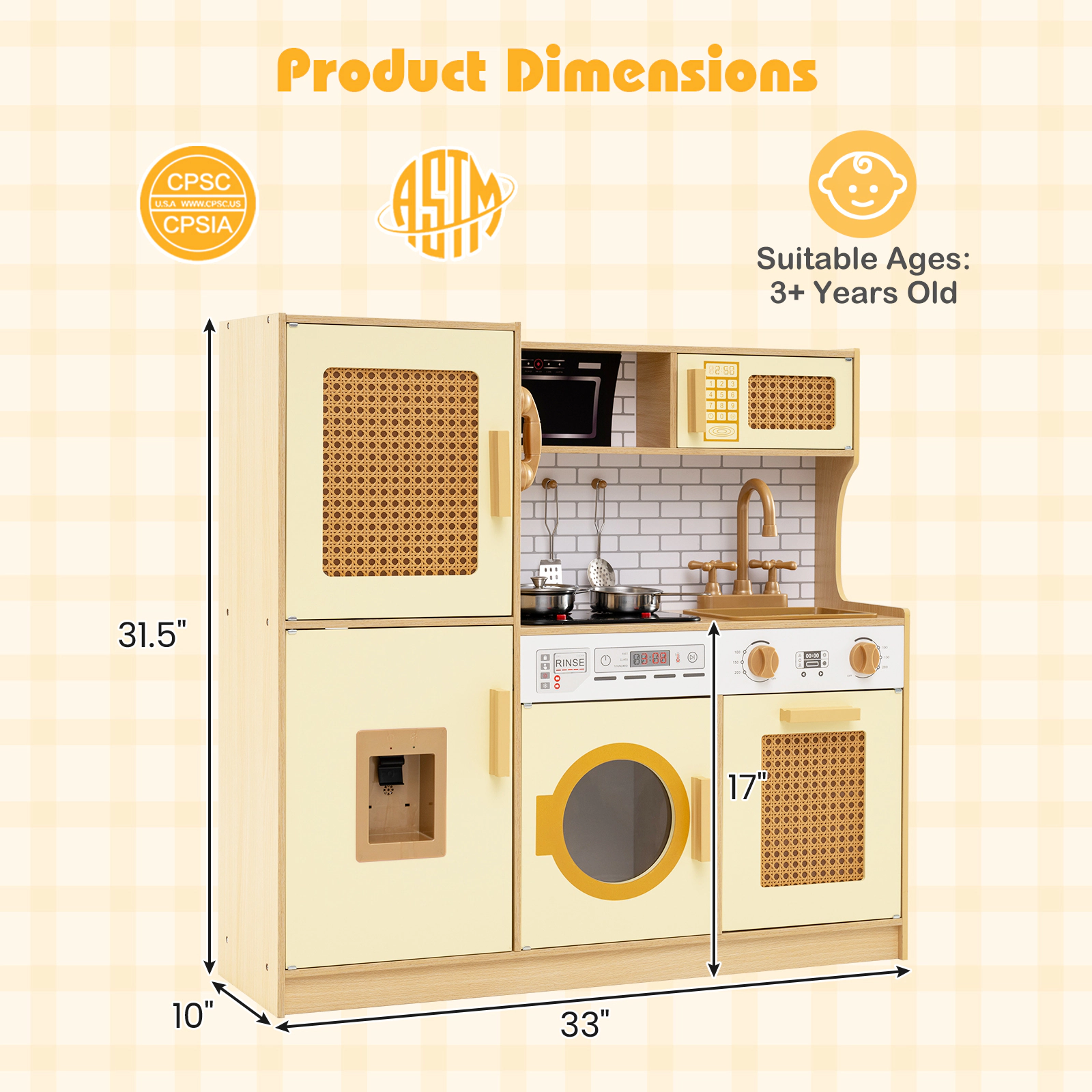 SUGIFT Wooden Kitchen Playset with Realistic Lights and Sounds for Ages 3+ Yellow