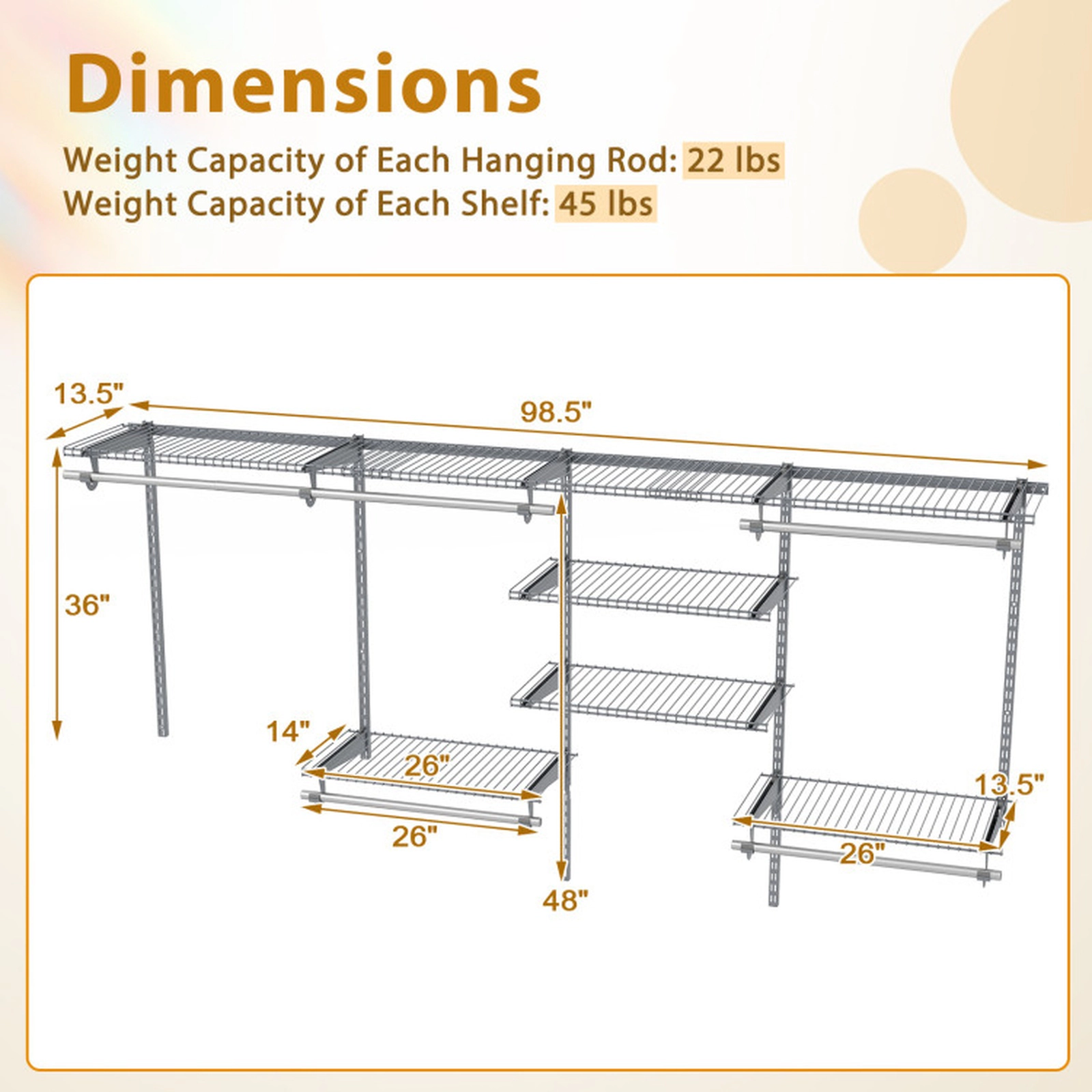 SUGIFT Closet Organizer System Gray 4-8 Feet with Hanging Rods and 7 Shelves