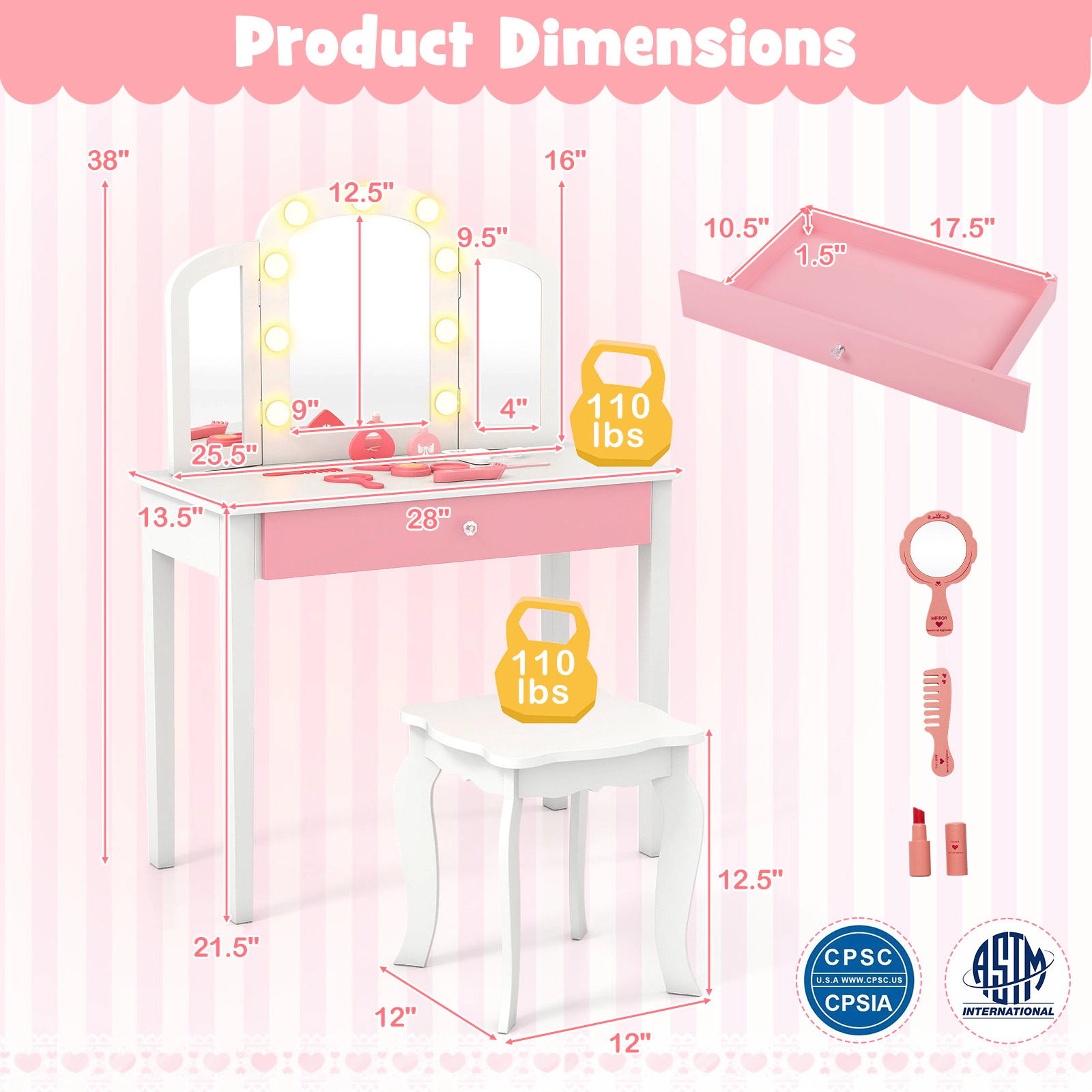 SUGIFT Kids Vanity Table Set with Stool, Tri-Fold Lighted Acrylic Mirror and Drawer