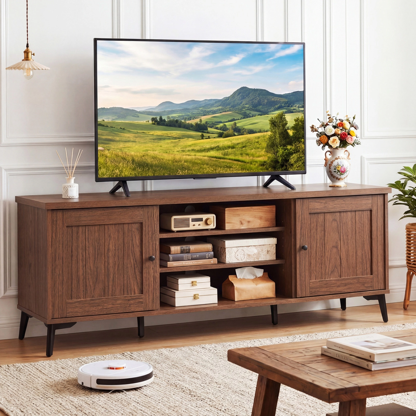 SUGIFT 59 in TV Stand Brown 2-Door Mid Century Entertainment Center with Adjustable Shelves