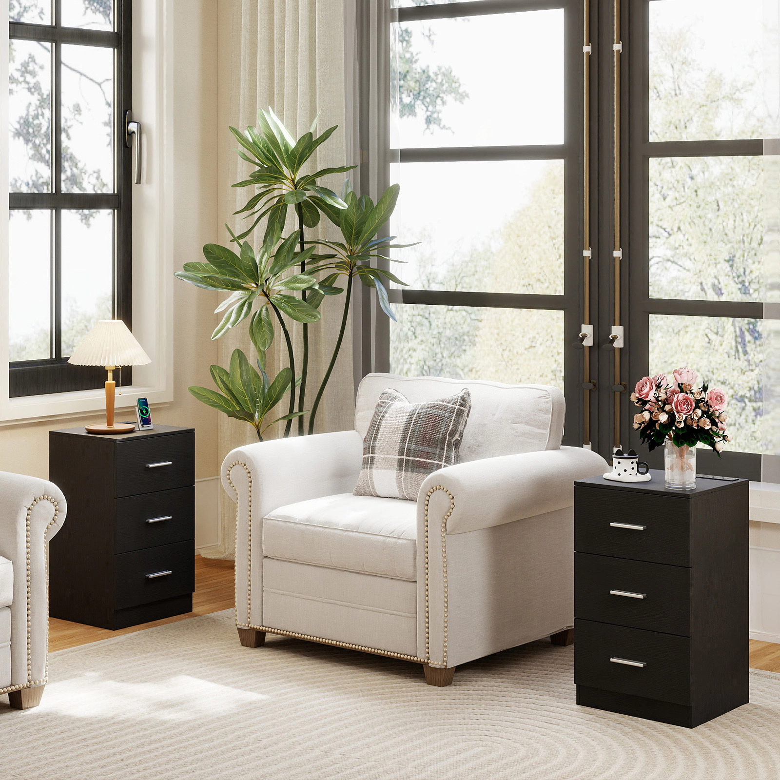 Hivvago Set of 2 Nightstands with Charging Station and Drawers