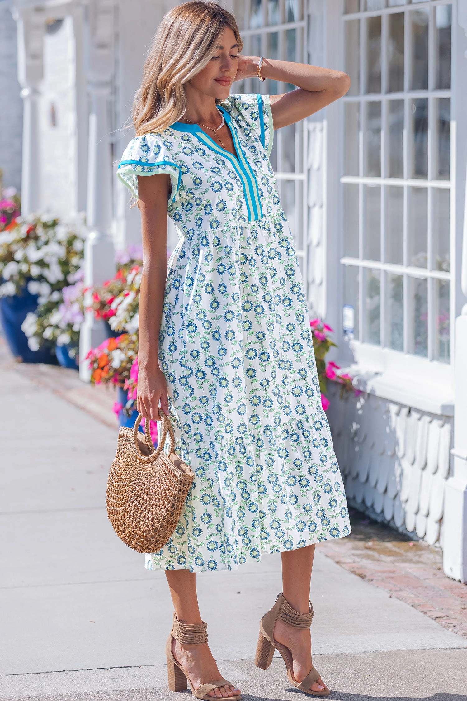 Threaded Pear Womens Clementine Flutter Sleeve Long Dress
