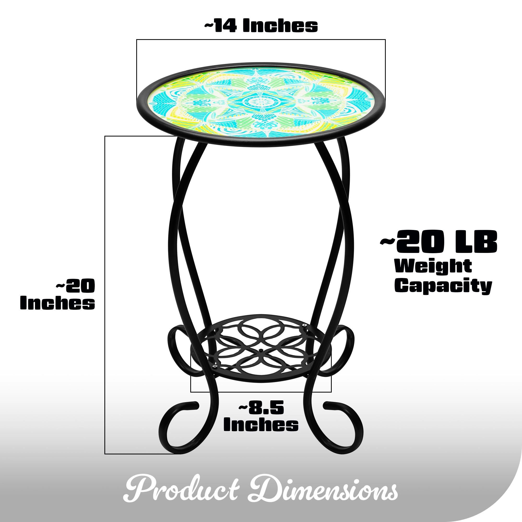 G128 14 in Round Glass Side Table Mandrake Pattern - Foldable Metal Outdoor Plant Stand