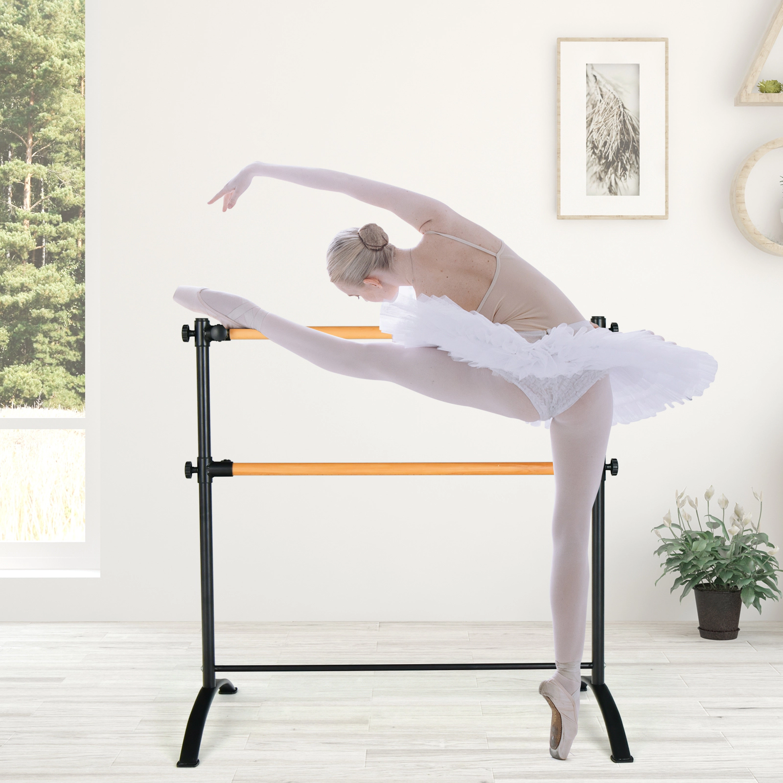 SUGIFT 4-Foot Portable Freestanding Double Ballet Barre 110-lb Capacity Adjustable 47.5-in Frame Yoga Kit Black