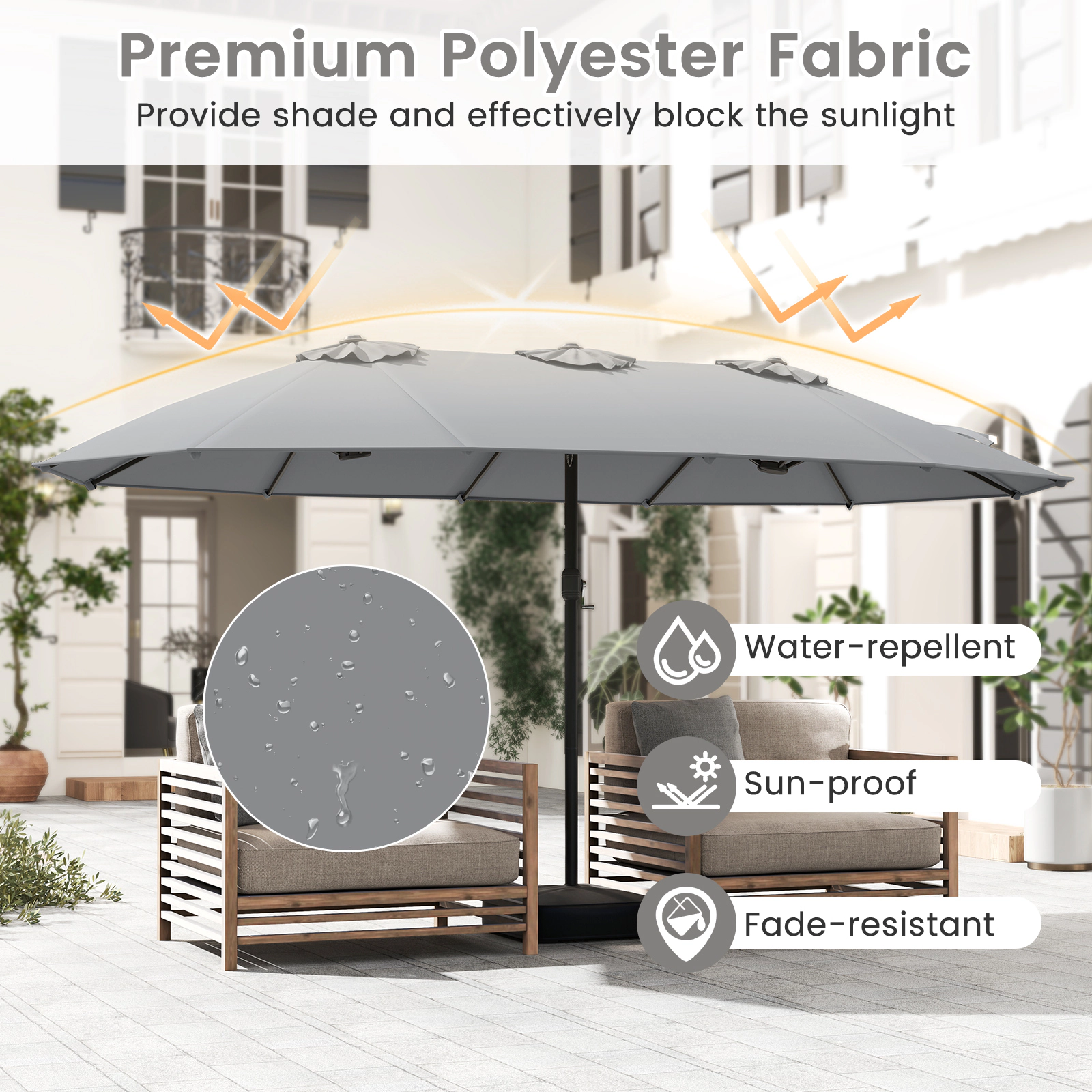 SUGIFT 15-ft Gray Rectangular Double-Sided Market Patio Umbrella, 12 Ribs, Steel Pole