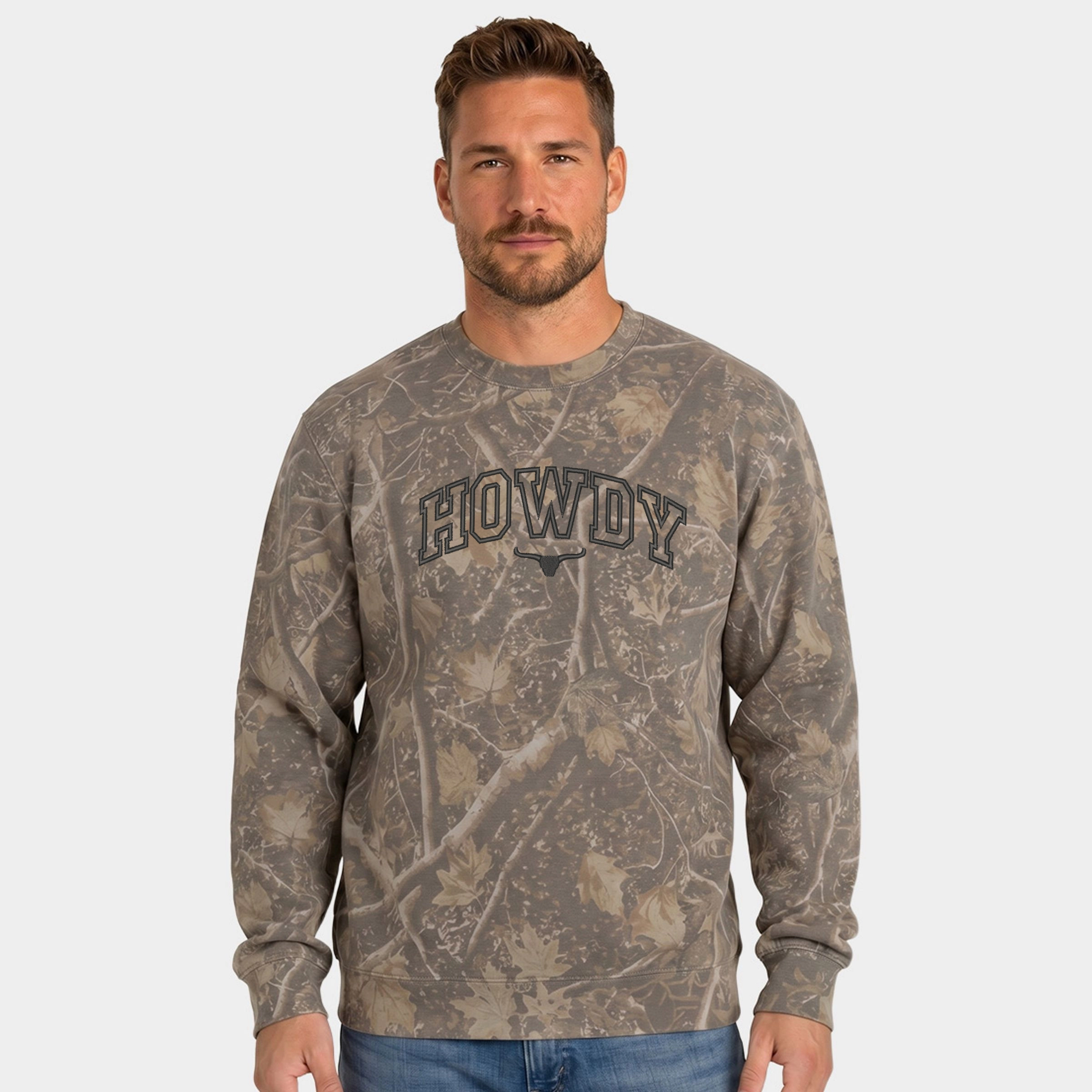 Simply Sage Market - Men's Camo Sweatshirt Embroidered Howdy Bull Varsity