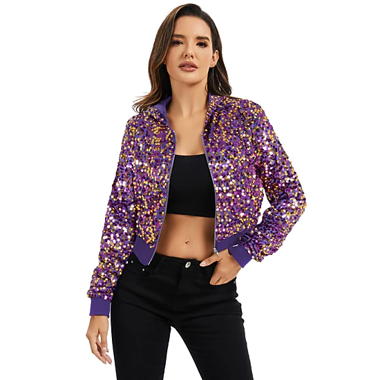 Anna-Kaci Women's Sequin Zip-Up Hooded Jacket with Ribbed Hem and Long Sleeves