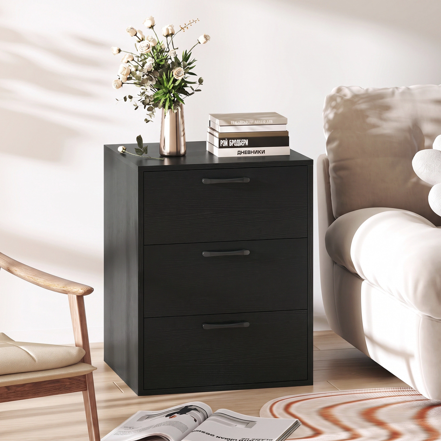 LJG 3 Drawer Nightstand with Wood Grain Finish and Storage for Living Room Bedroom Study